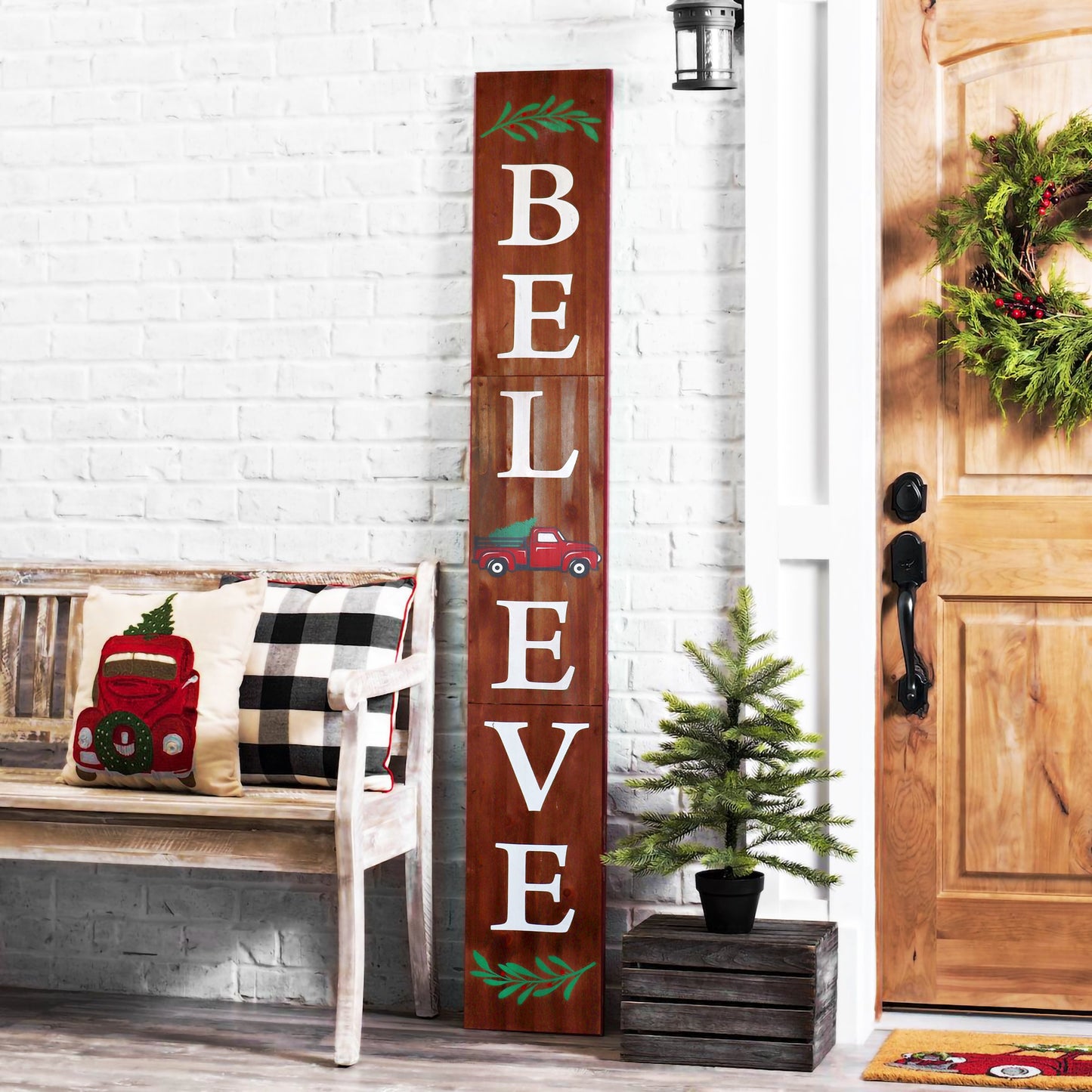 Brown Christmas Believe Wood Porch Sign