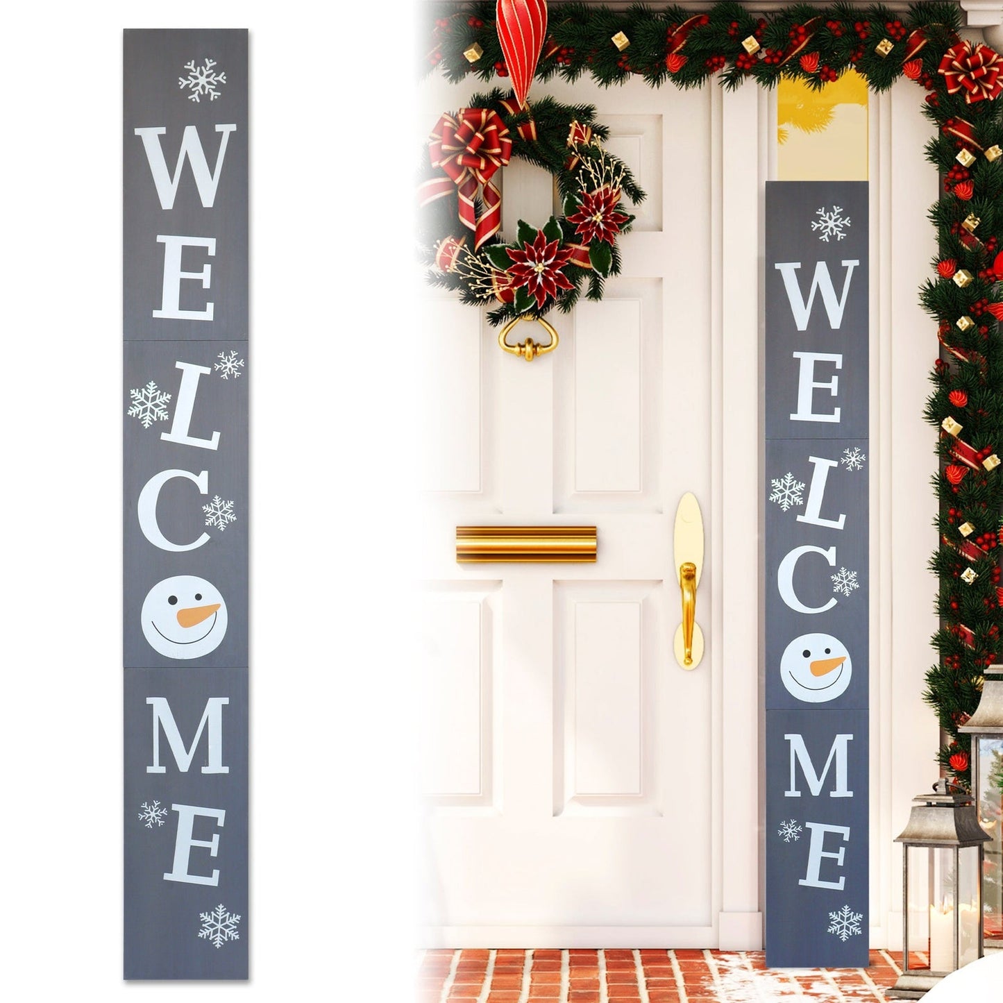 Gray Snowman Christmas Welcome Wood Porch Sign