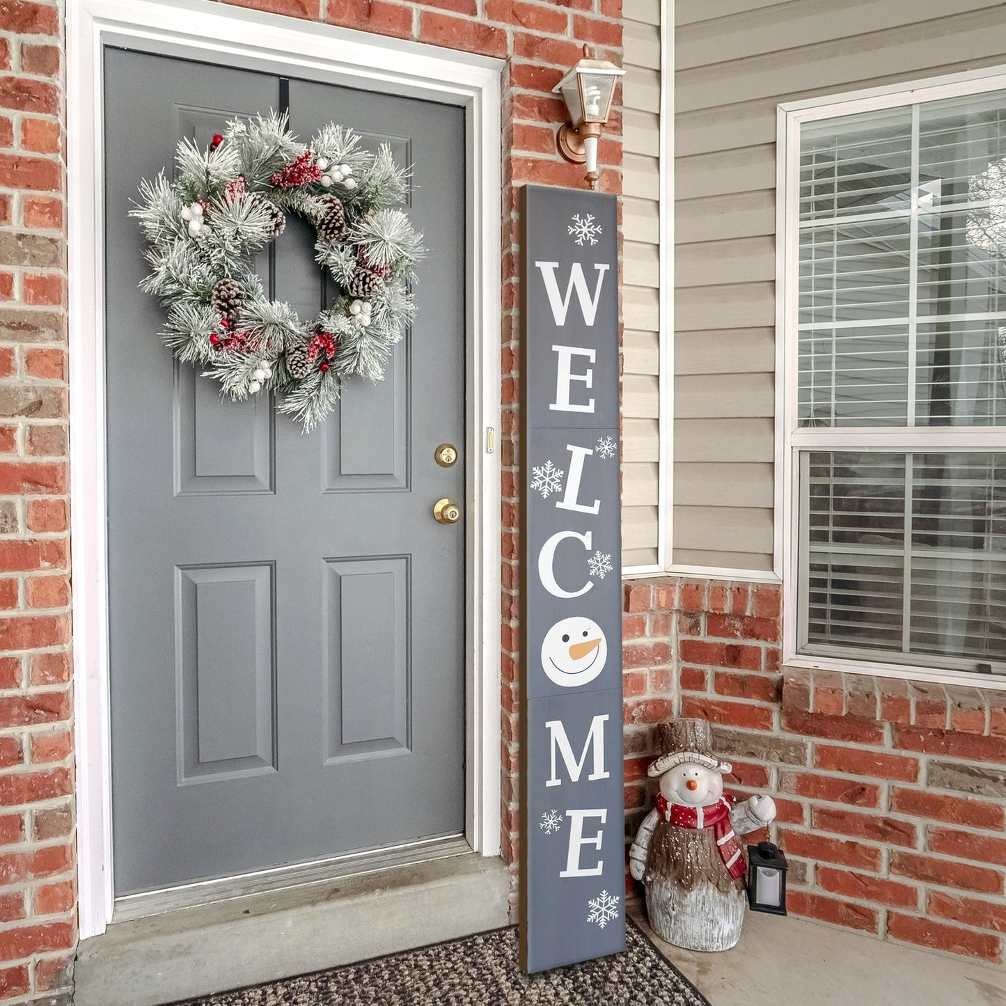 Gray Snowman Christmas Welcome Wood Porch Sign
