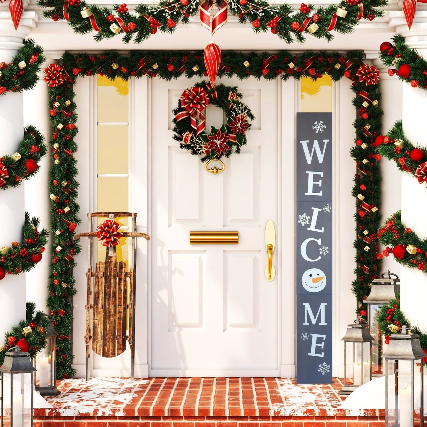 Gray Snowman Christmas Welcome Wood Porch Sign