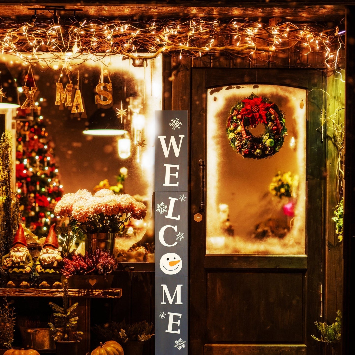 Gray Snowman Christmas Welcome Wood Porch Sign