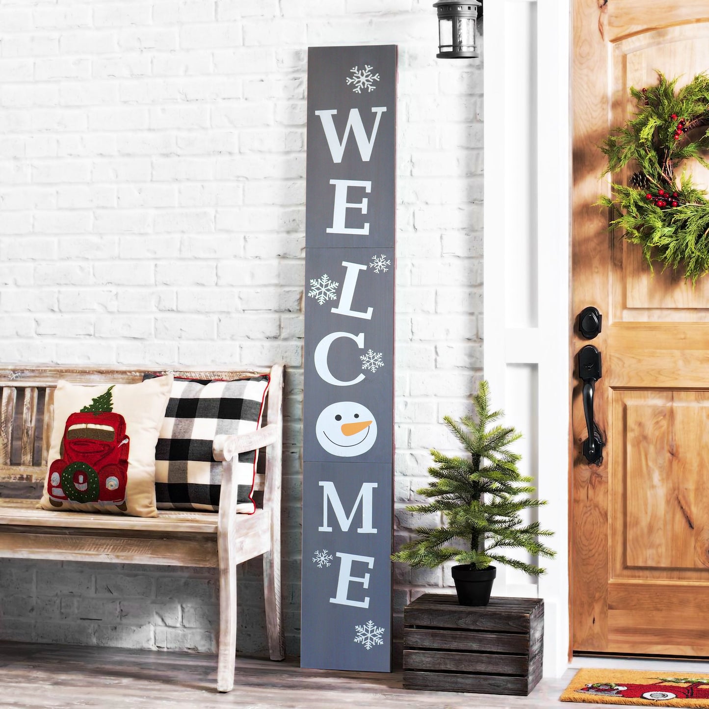 Gray Snowman Christmas Welcome Wood Porch Sign