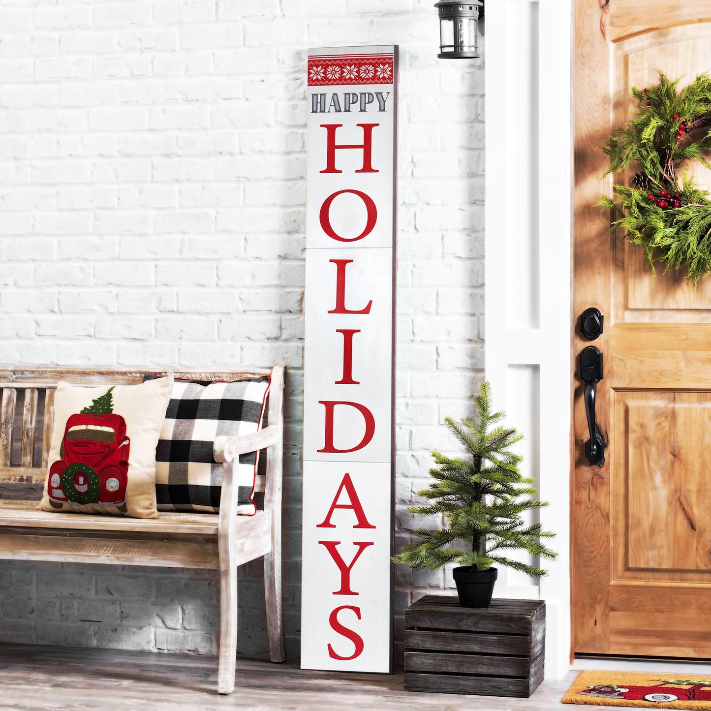 White Happy Holidays Wood Porch Sign