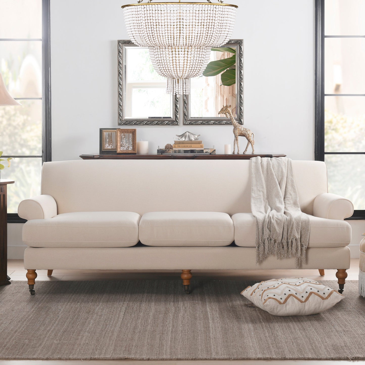 Creations Upholstered Sofa with Metal Casters and 3 Cushions Tightback