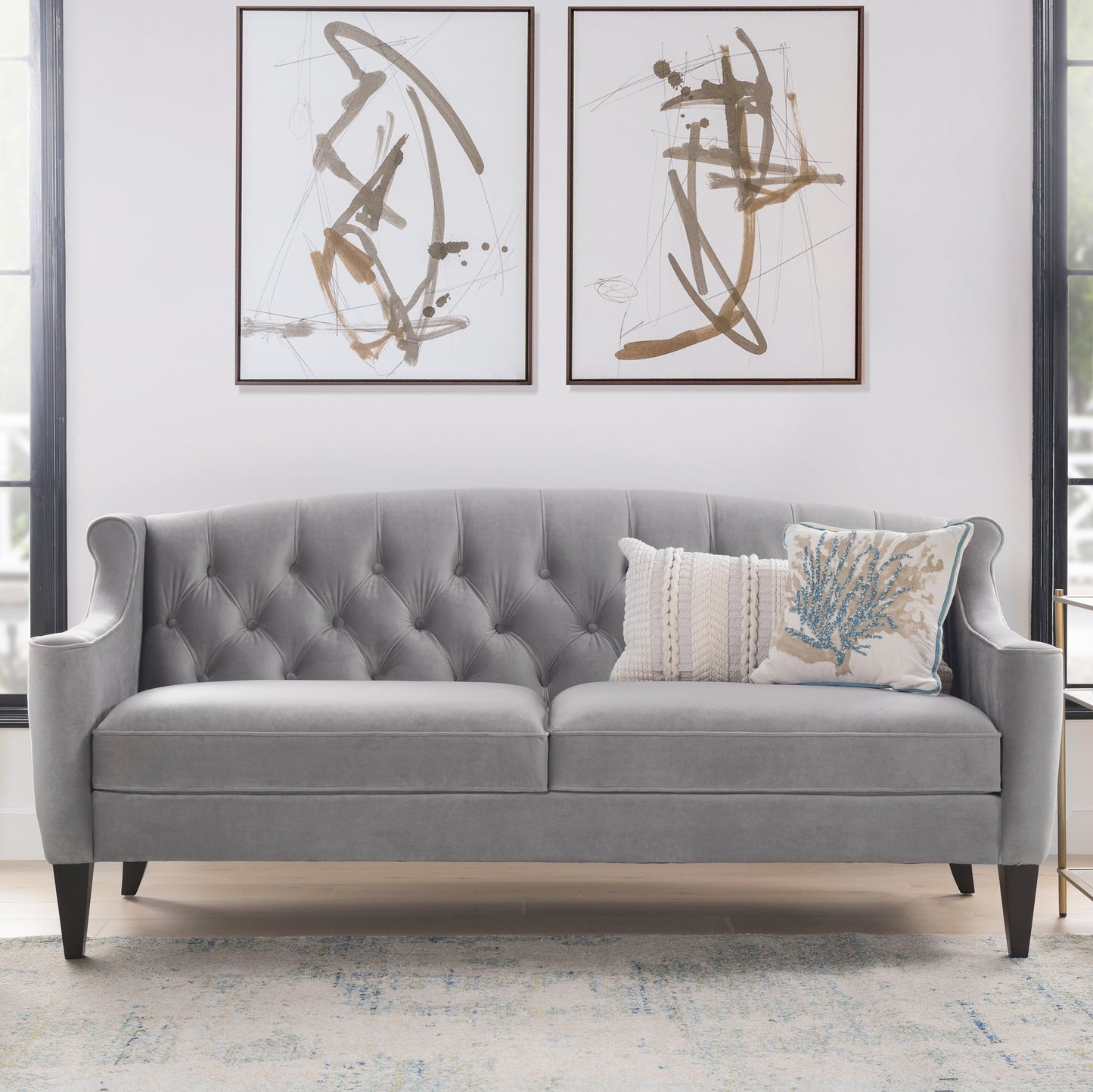 Button Tufted Upholstered Sofa with Sloped Arms