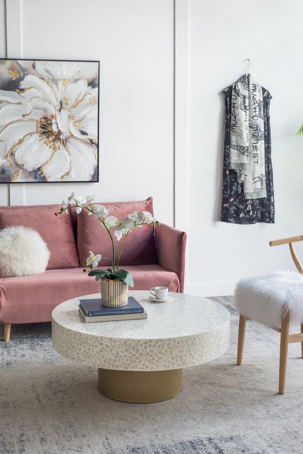 Alacrits Round Coffee Table with Capiz Design and Pedestal Base