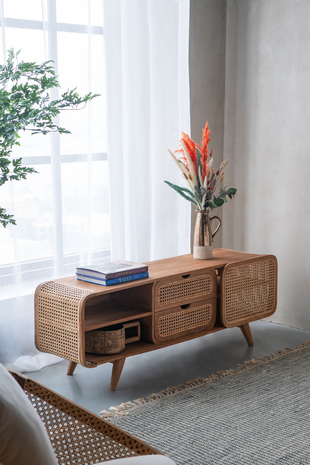 Wood and Rattan Cabinet with Curved Frame, 2 Drawers and Shelves