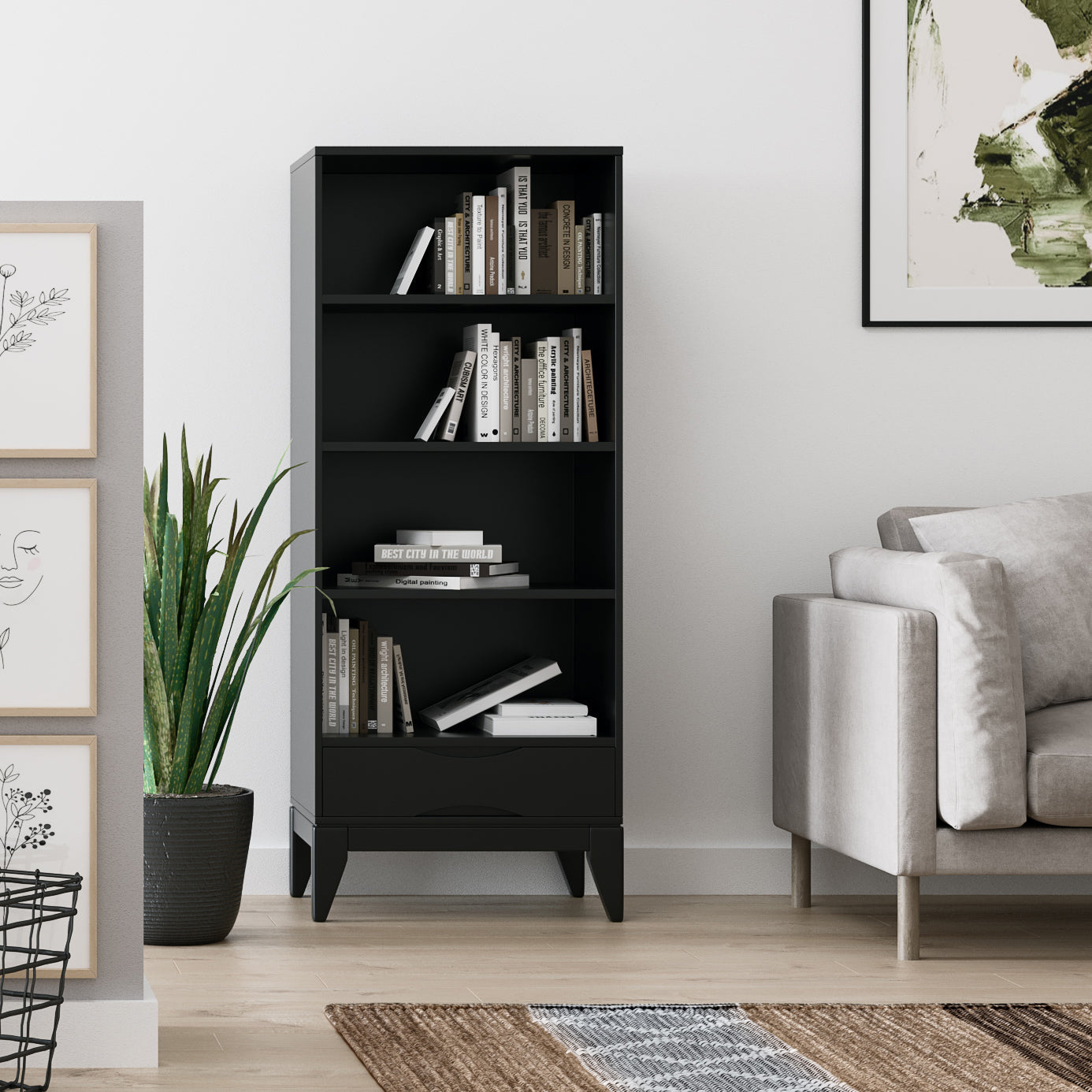 Enlighten Bookcase with 4 Shelves and Drawer