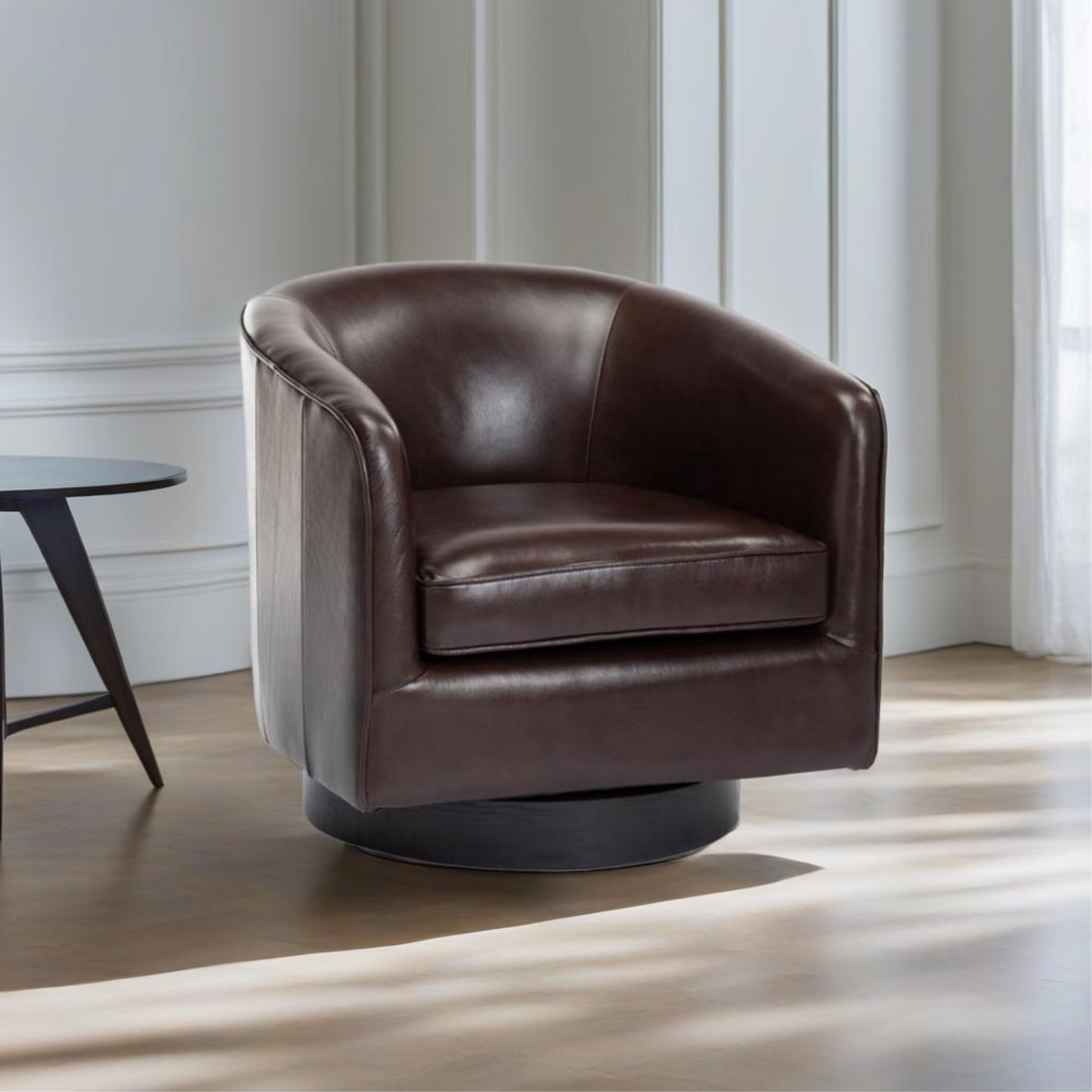 Leather Swivel Chair with Sloped Arms and Barrel Design