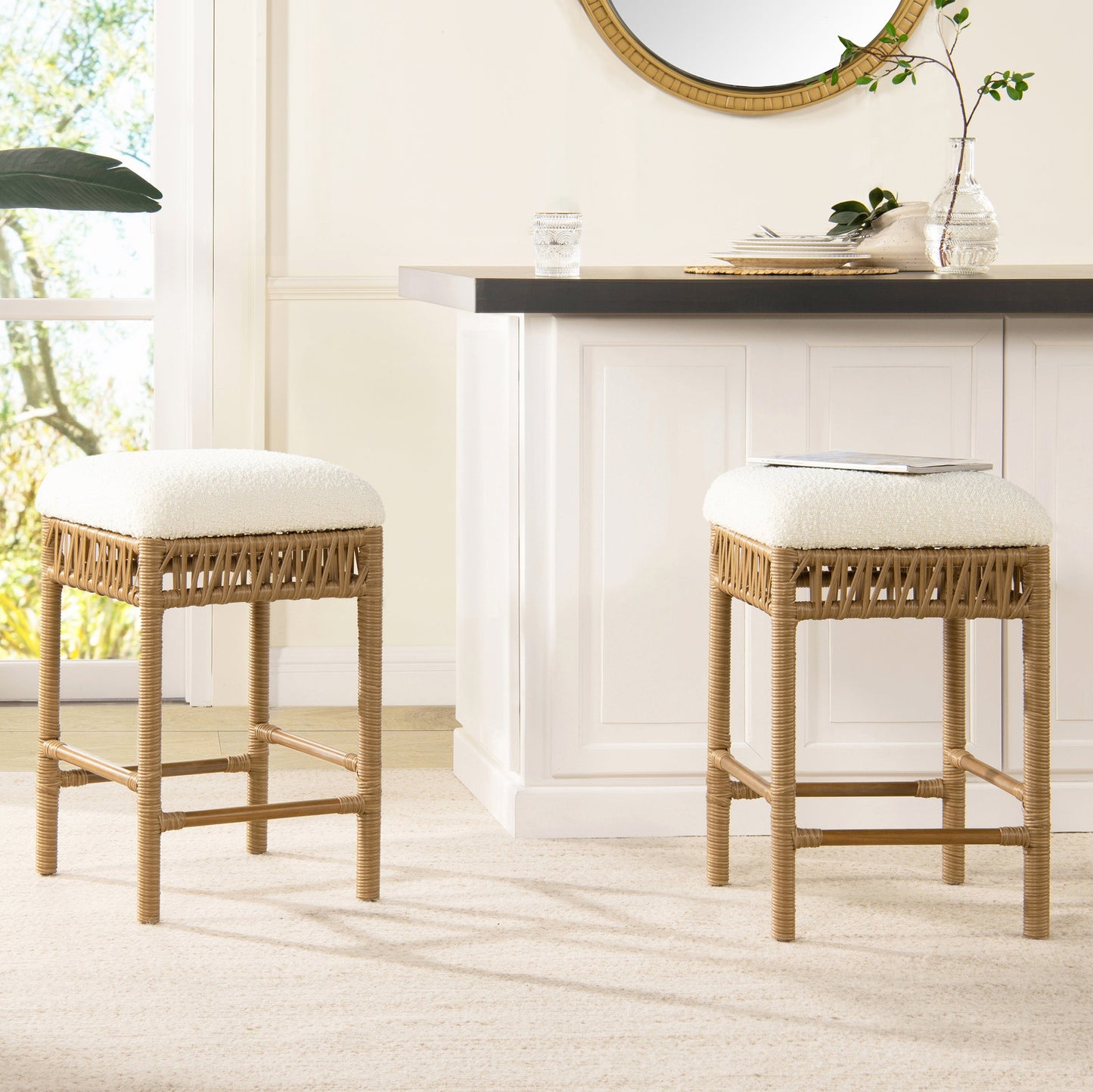Upholstered Counter Stool with Resin Rattan Frame and Backless Design
