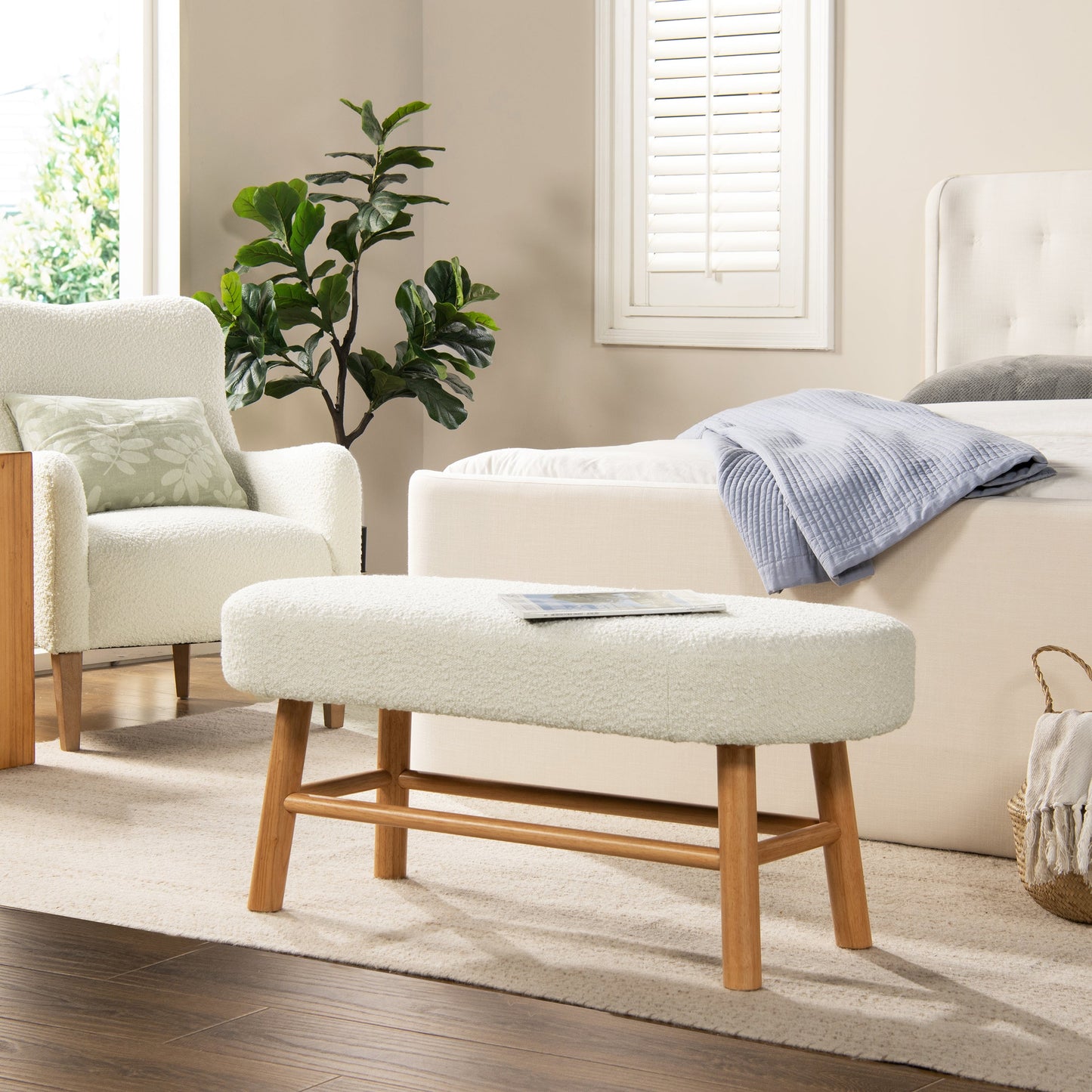 Rounded Pill-Shaped Upholstered Accent Bench with Natural Wood Legs