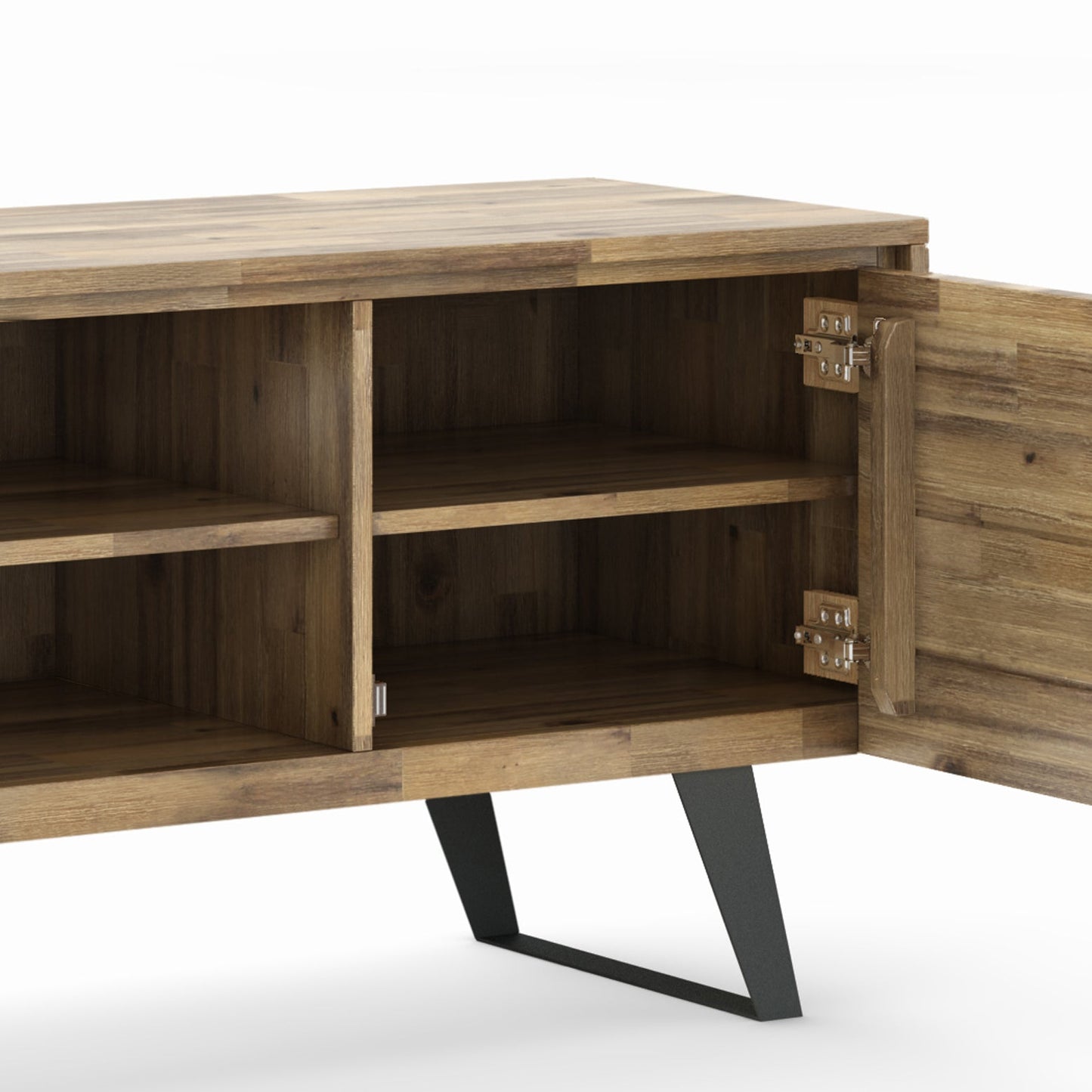Pioneer TV Stand for TVs Up To 70 Inches with 2 Side Doors, Open Central Shelves and Metal Angled Legs