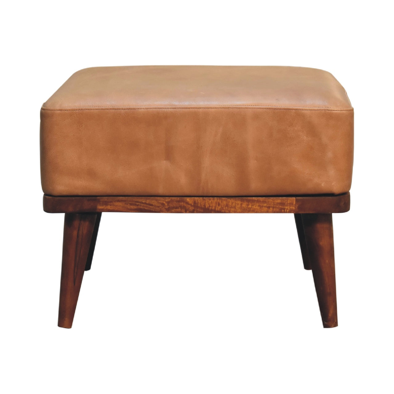 Buffalo Leather Footstool with Wood Tapered Legs