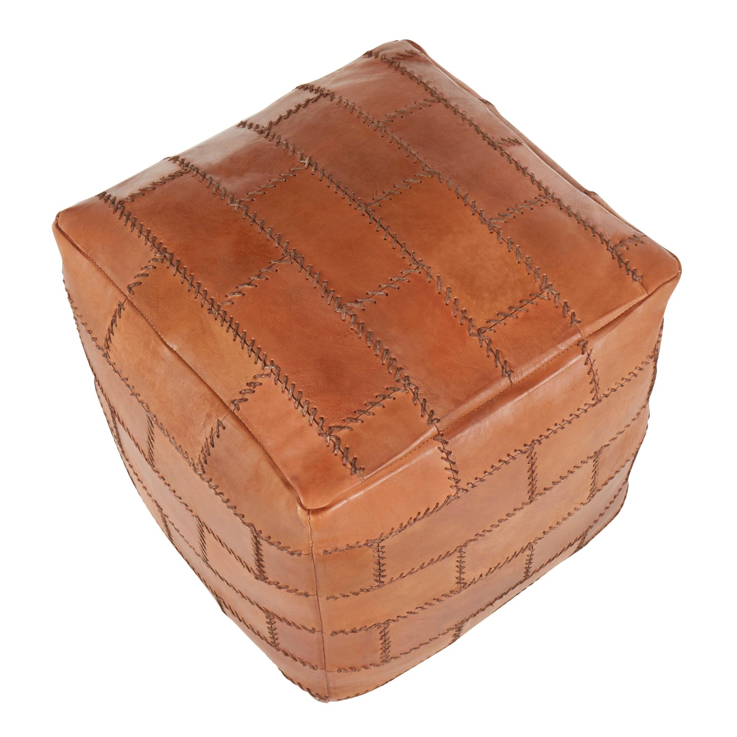 Leather Pouf with Patchwork Stitching