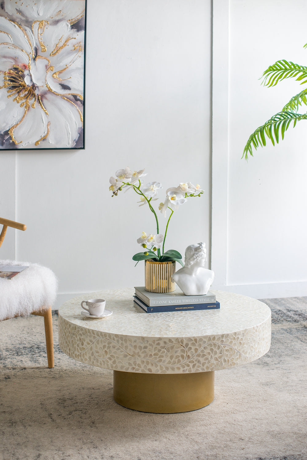 Alacrits Round Coffee Table with Capiz Design and Pedestal Base