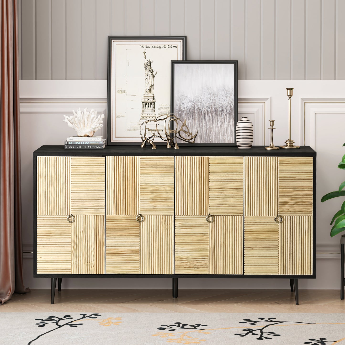 4-Door Cabinet with Carved Effect Decoration Doors and Metal Legs