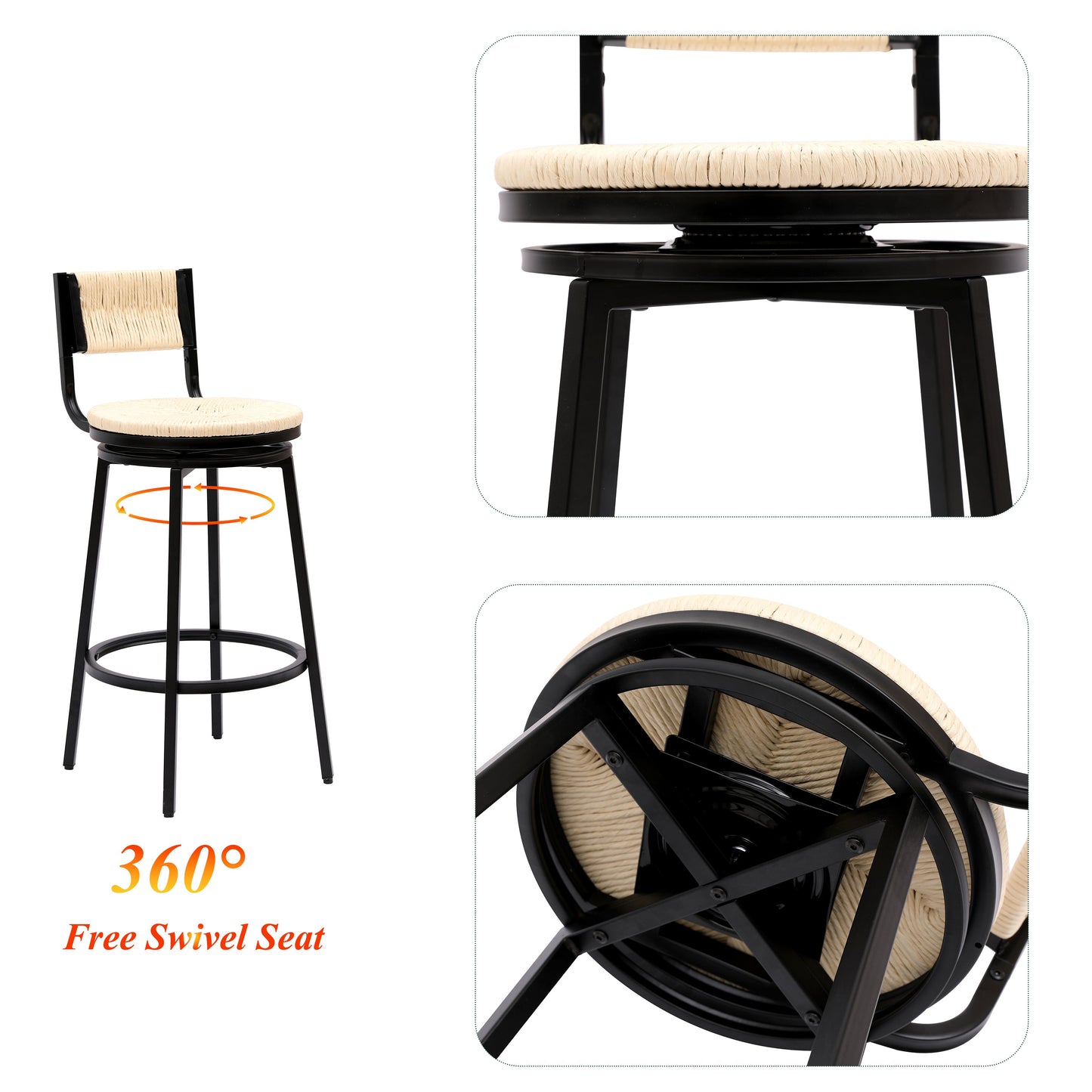 Hand Woven Rope Bar Stool with Swivel Seat and Footrest, Set of 2
