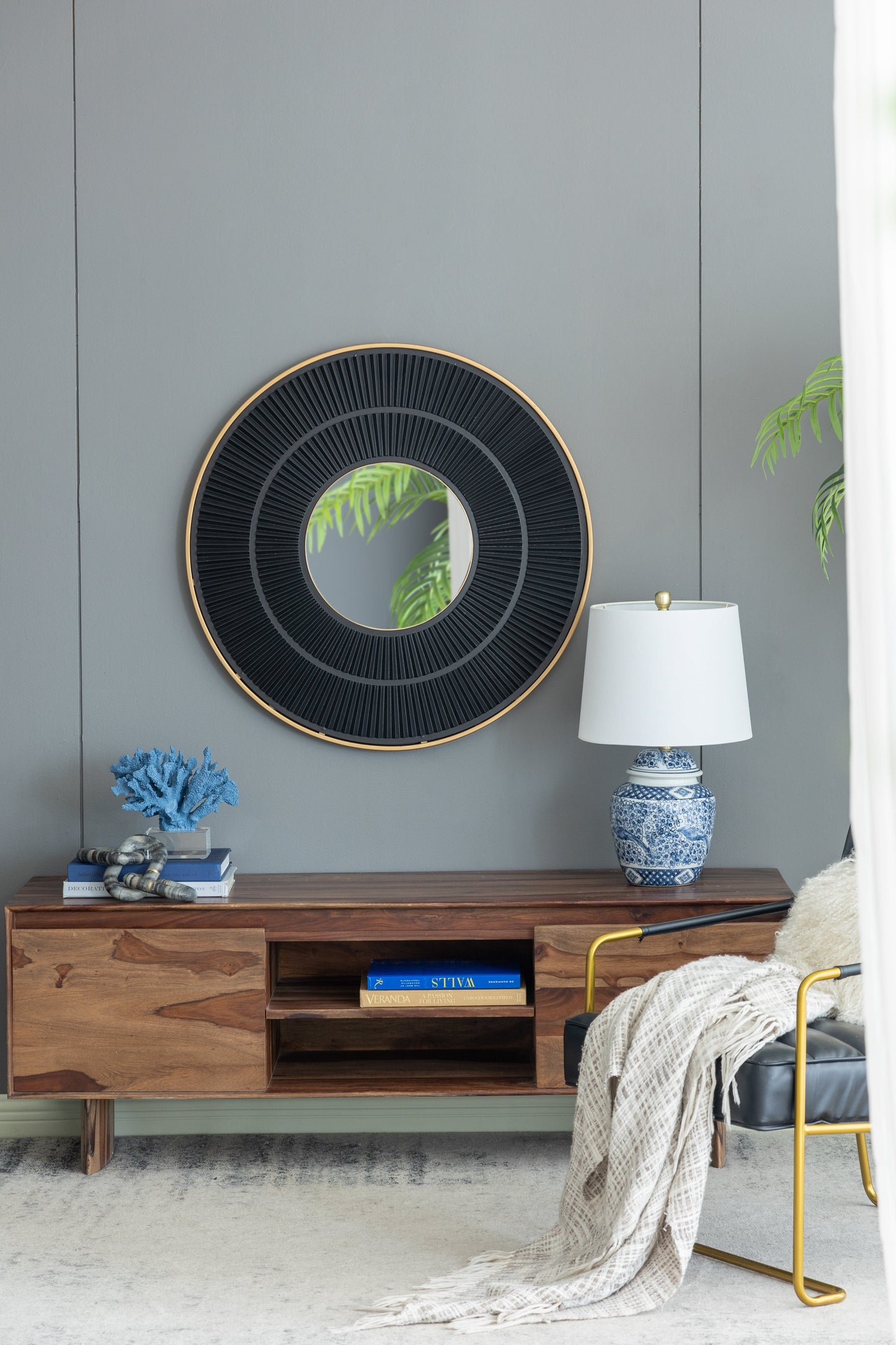 Round Wall Mirror with Carved Pleated Pattern