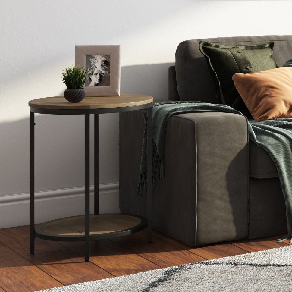 Grit Round Side Table with Open Bottom Shelf and Metal Frame