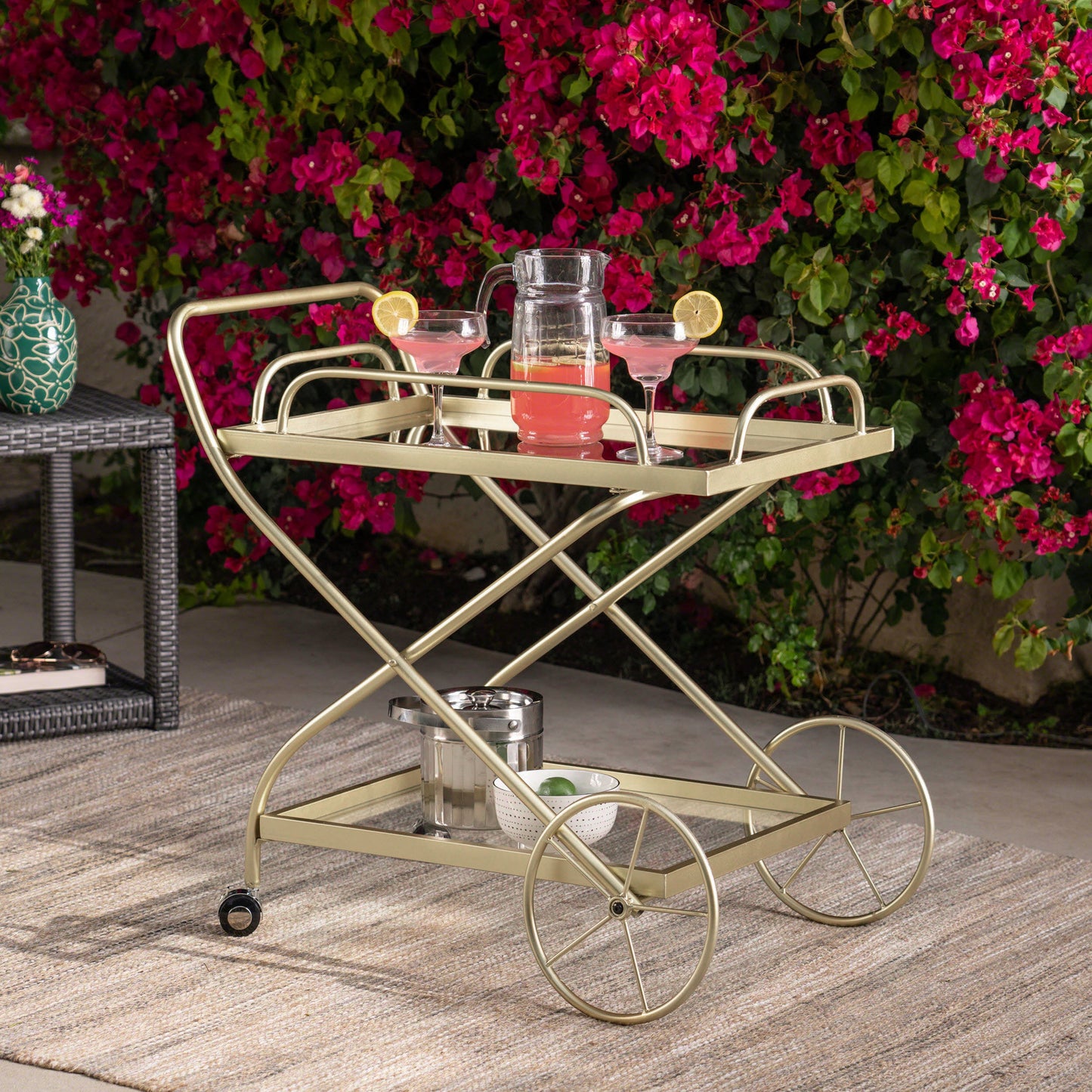 Allegro Outdoor Bar Cart with 2 Tempered Glass Shelves and Metal Frame