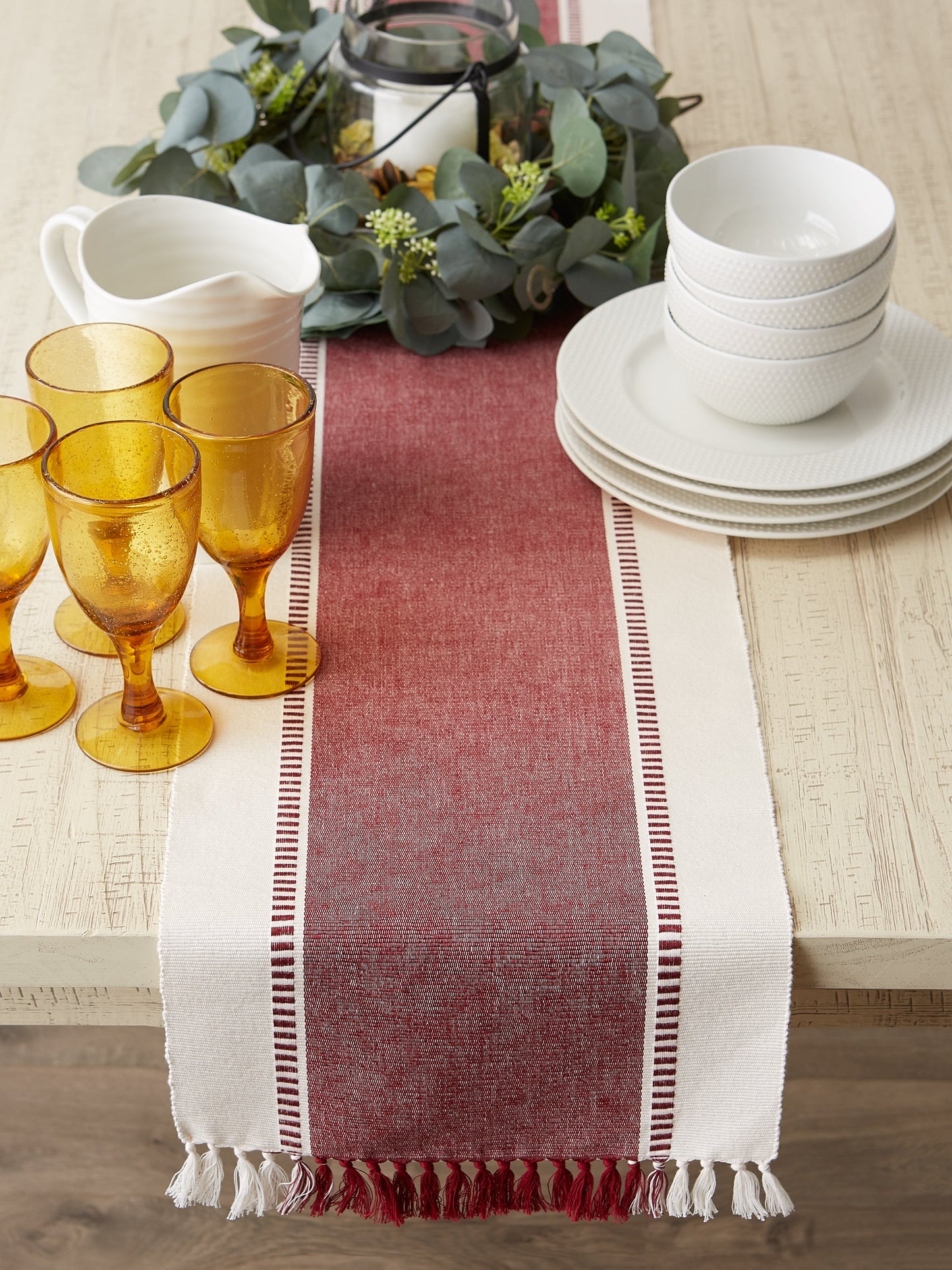 Redwood Striped Fringe Ribbed Table Runner 13X72