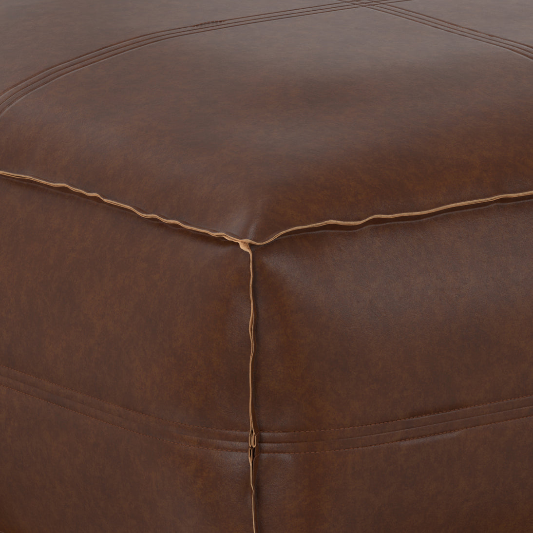 Ascendant Faux Leather Square Pouf with Top Stitching Detail