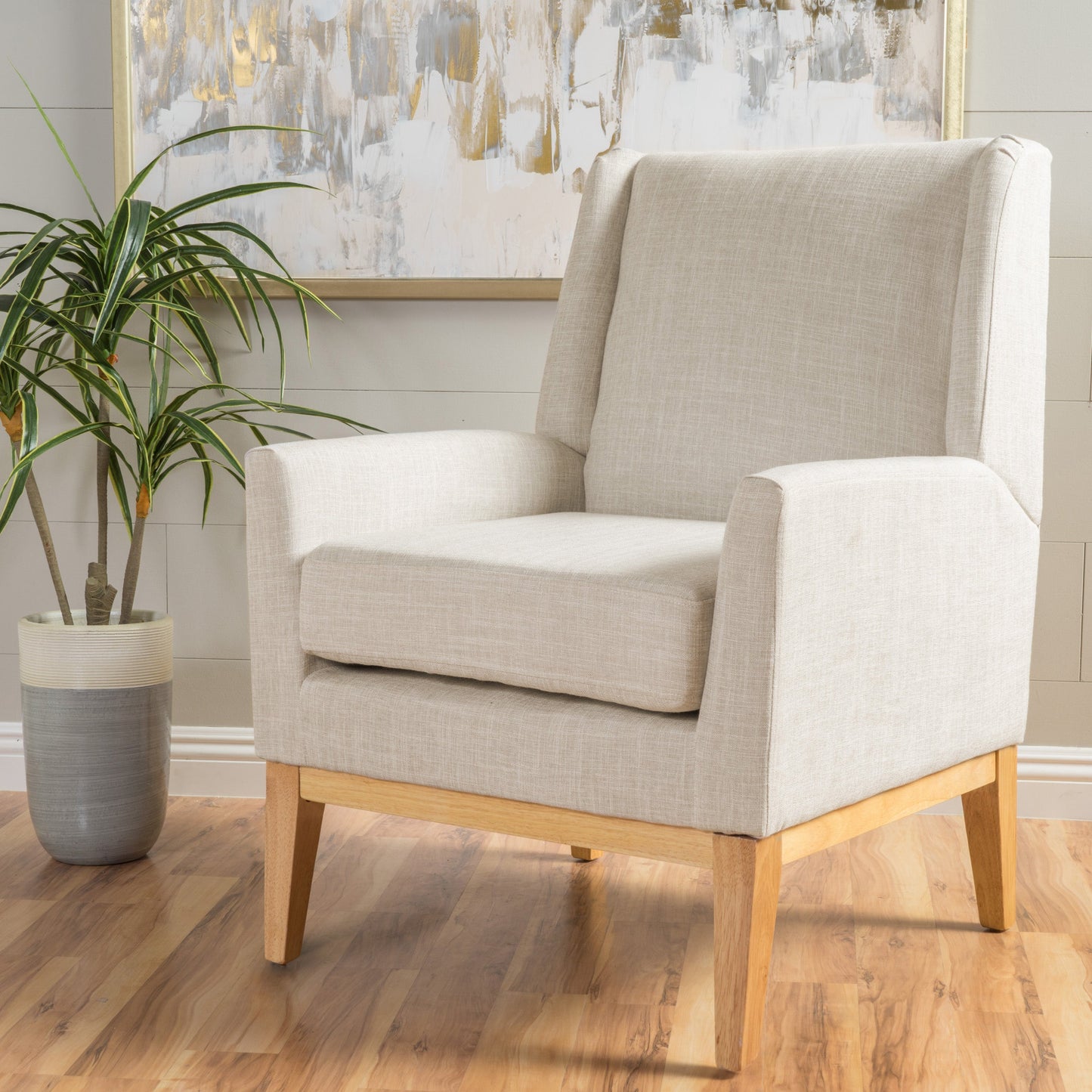 Dimensionality Upholstered Accent Chair with Wing Back and Wood Legs