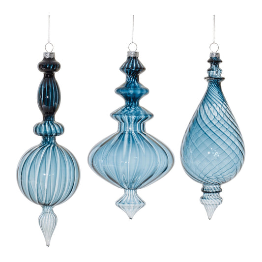 Blue Ribbed Glass Finial Drop Ornament, Set of 6