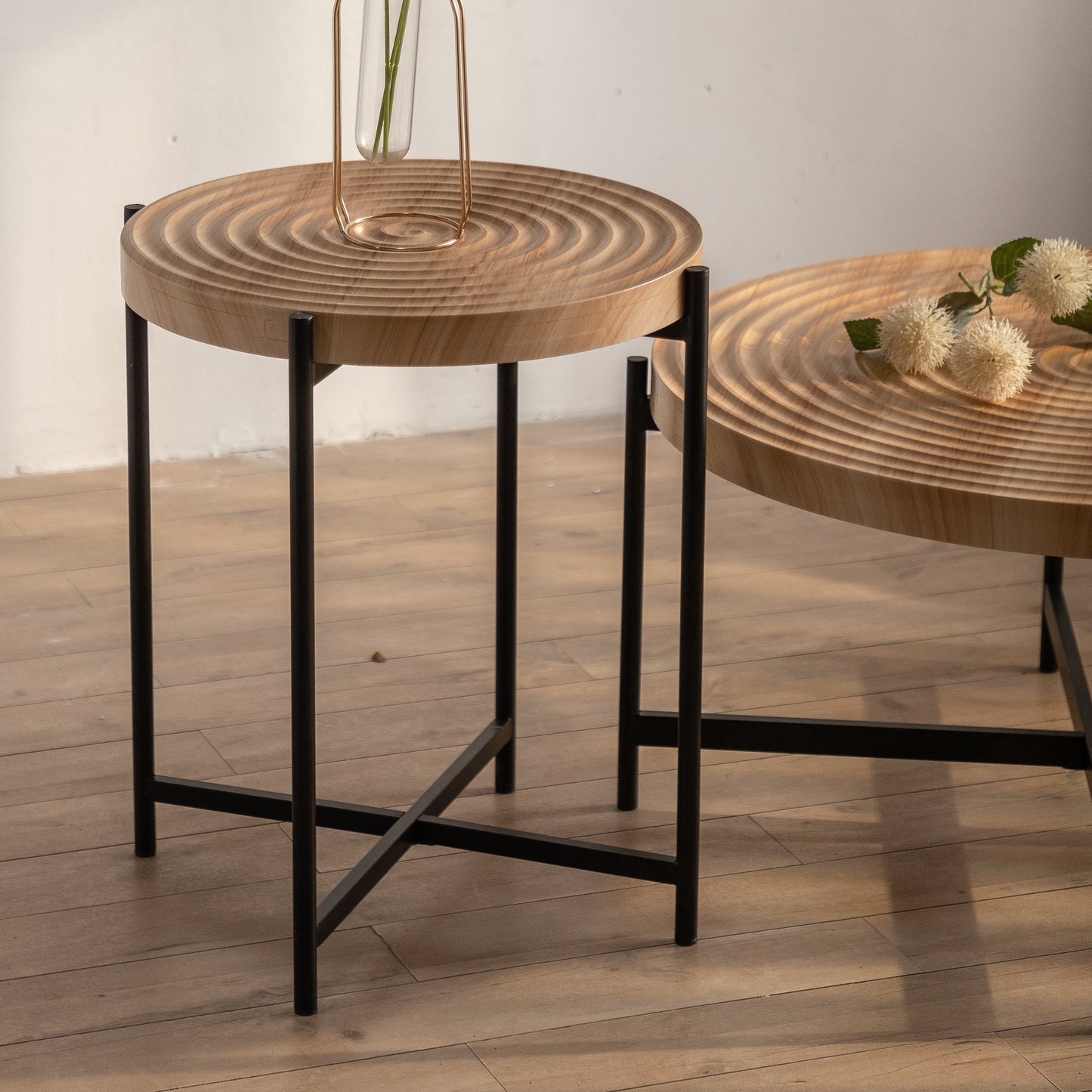 Coffee Table with Round Tabletop and Cross Metal Base, Set of 2