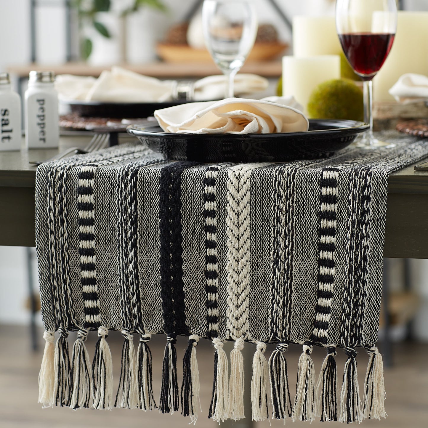 Black Braided Stripe Table Runner 15X108
