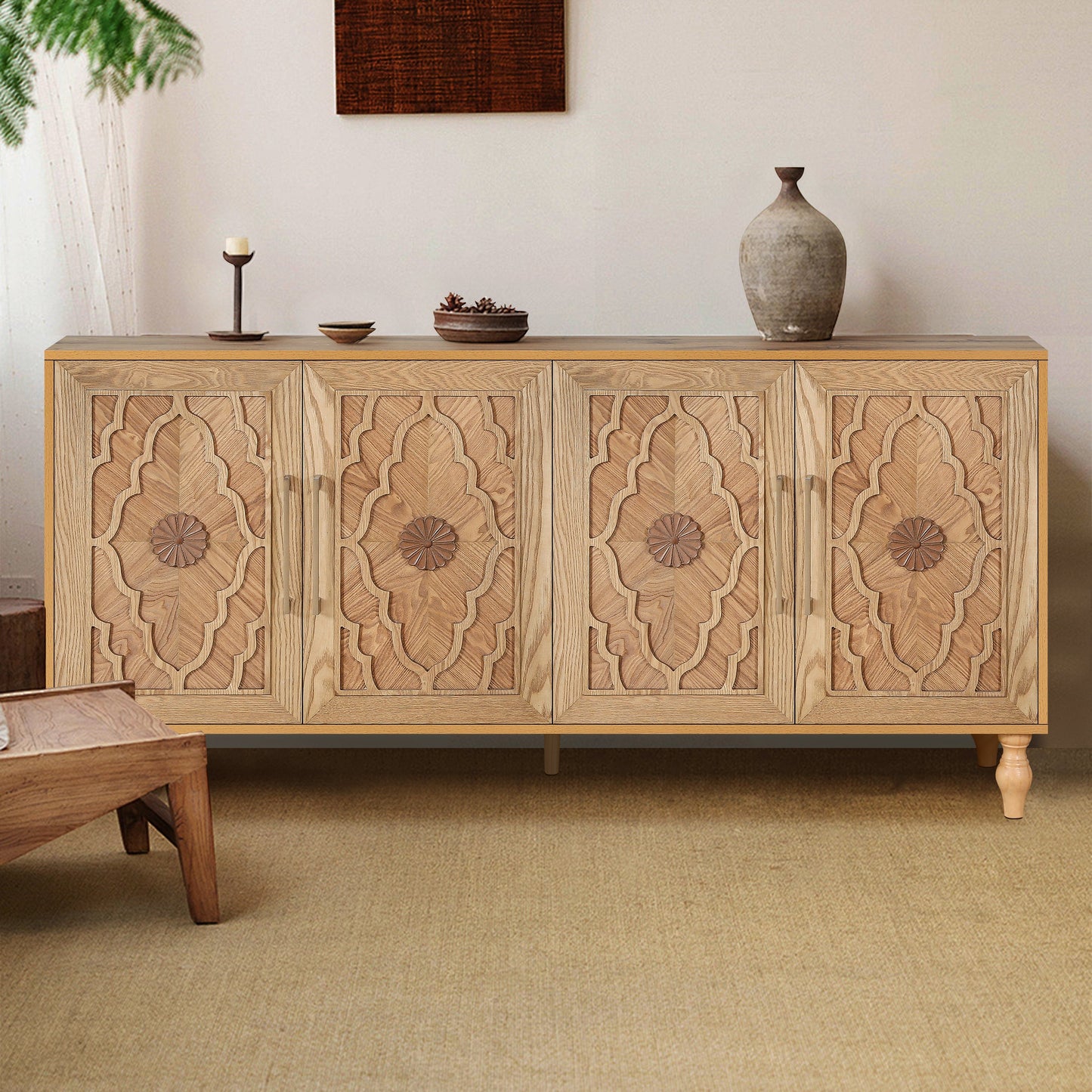 Bespokee Carved Flower Door Large Storage Cabinet With Metal Handle