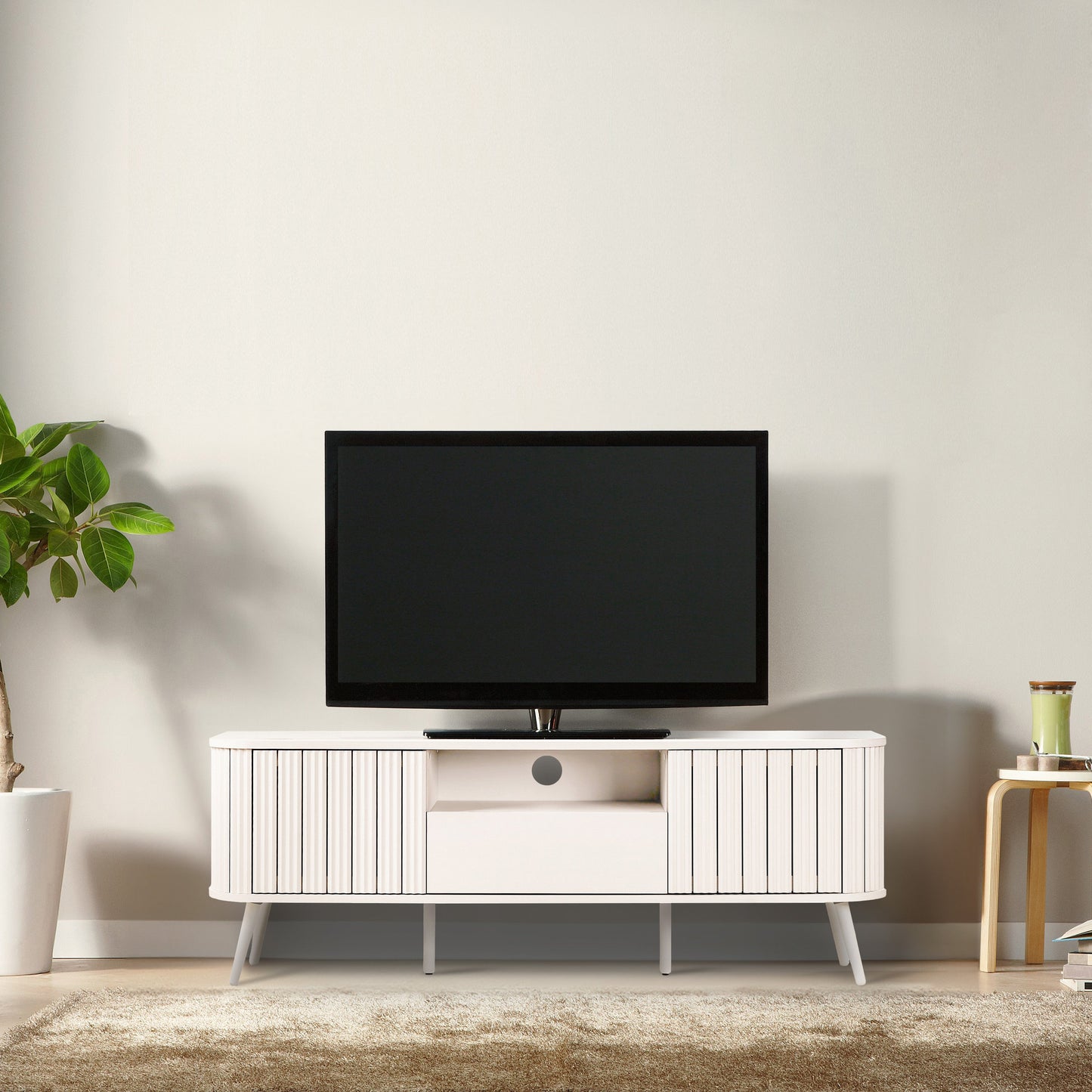 Damien Farmhouse Curved TV Stand with Drawer and Storage Doors Fits TVs up to 75 in. with Cable Management