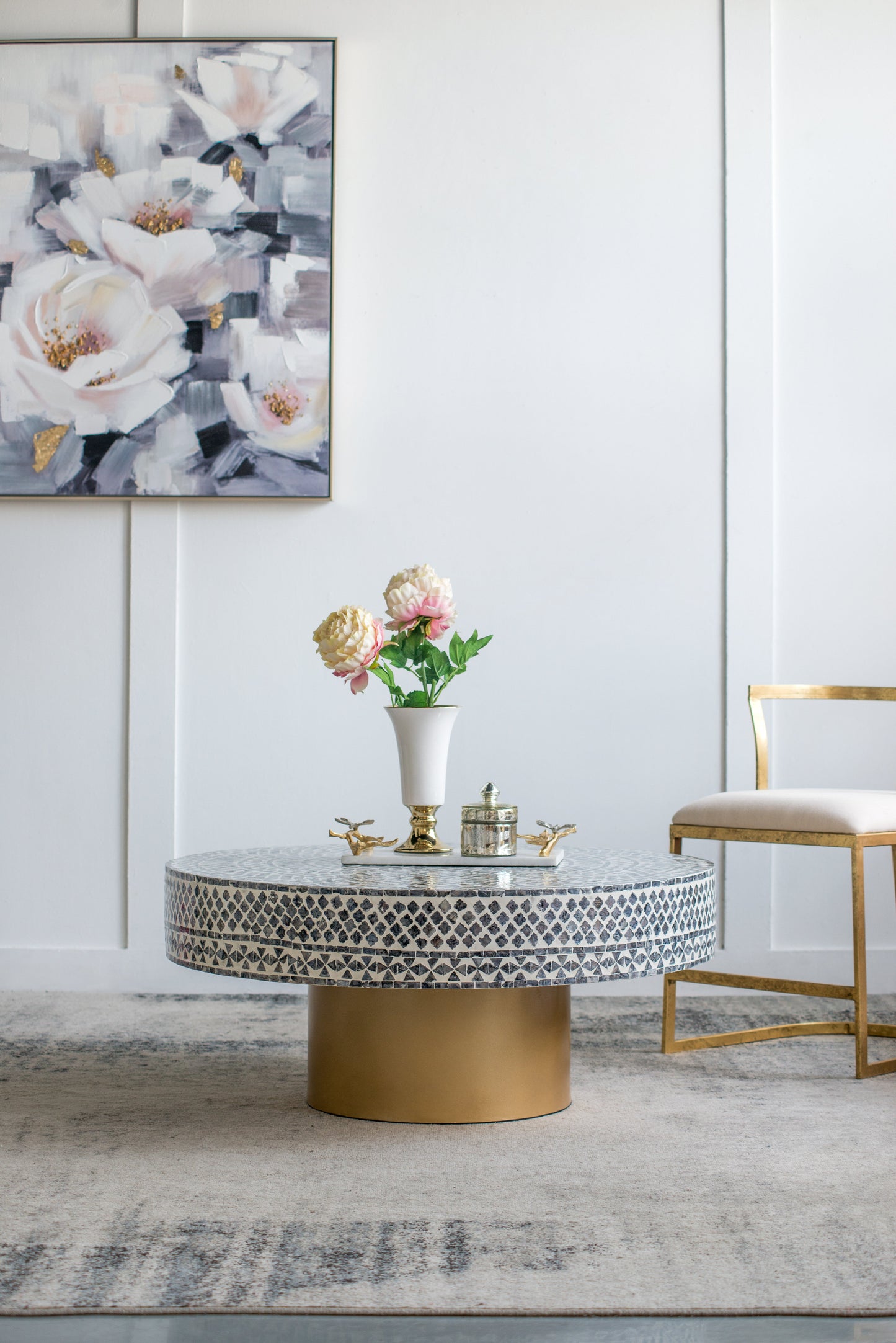 Alacrits Round Coffee Table with Capiz Design and Pedestal Base