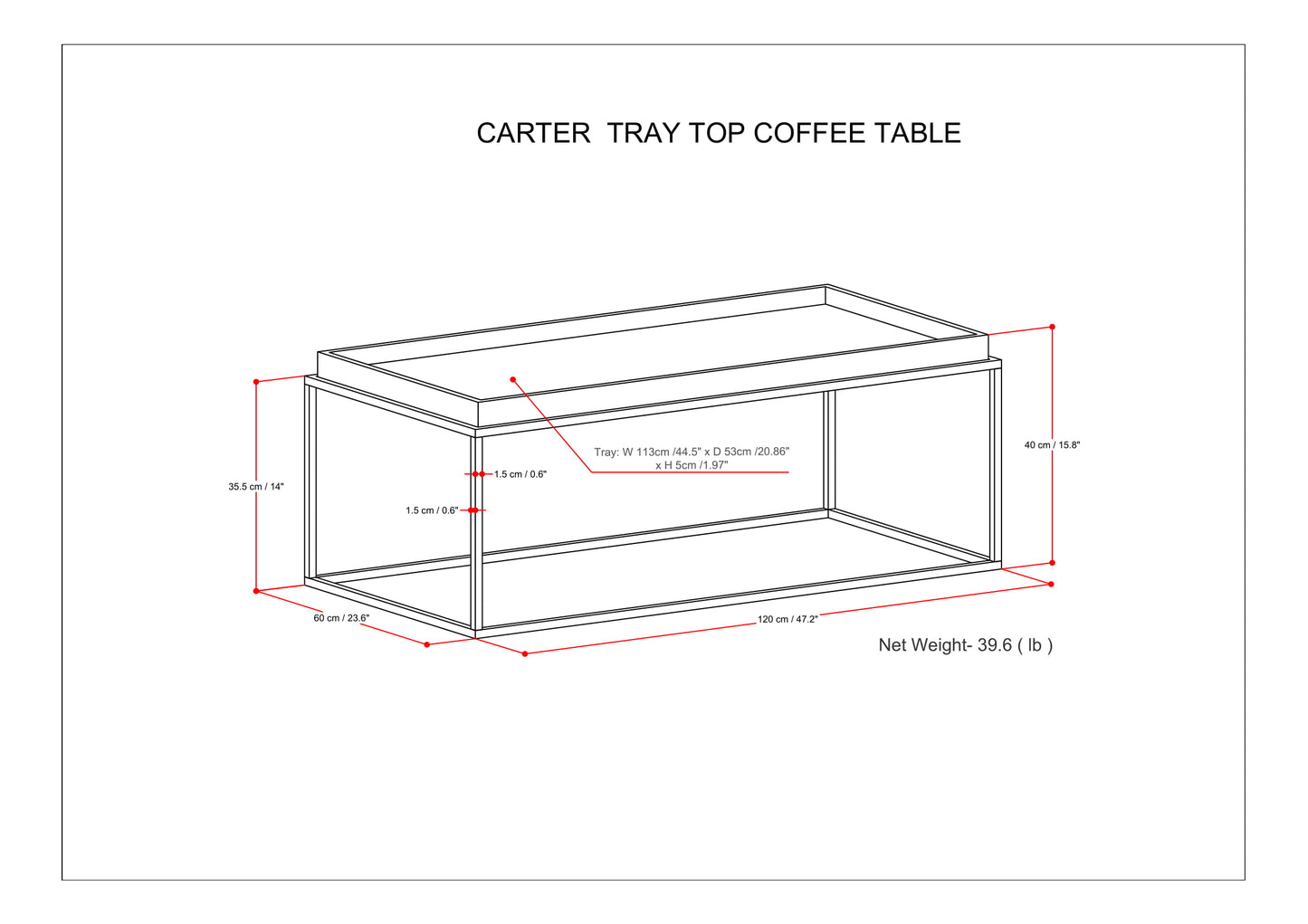 Coffee Table with Fixed Tray Top and Metal Frame