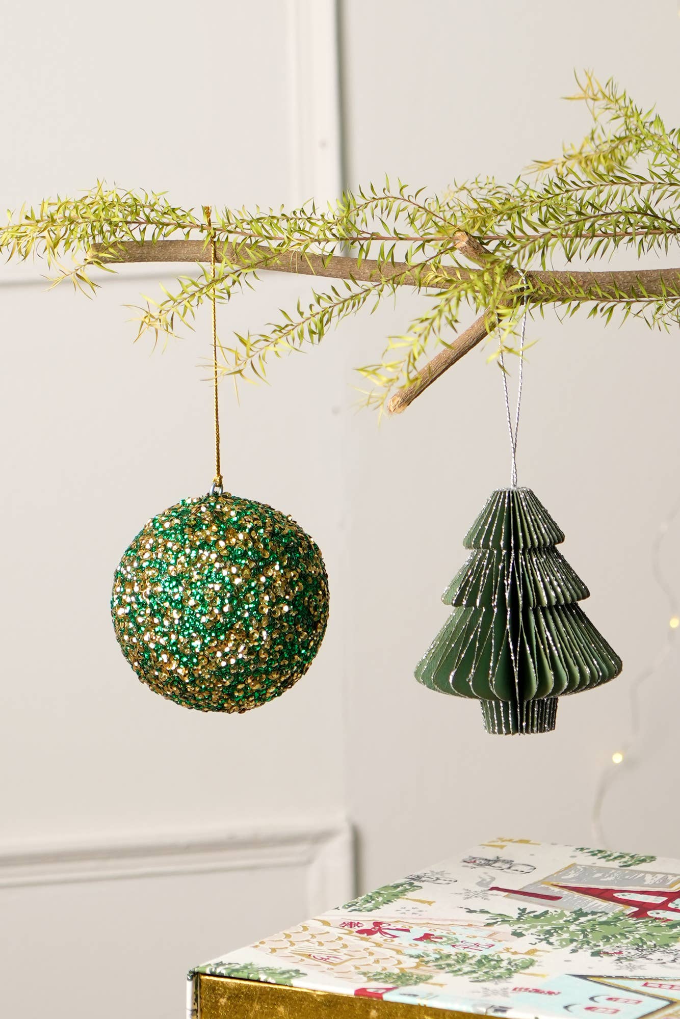 Gold & Green Sequin Ball Ornament, Set of 4
