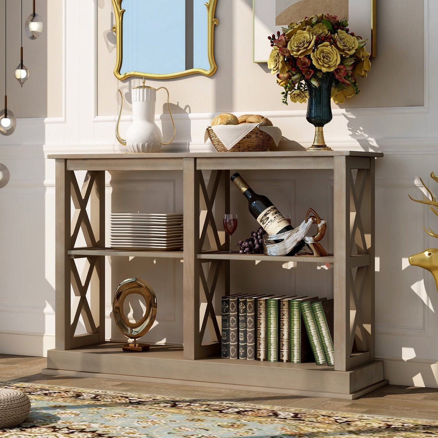 Abby Distressed White Console Table with 3 Tier Open Shelves with X Design