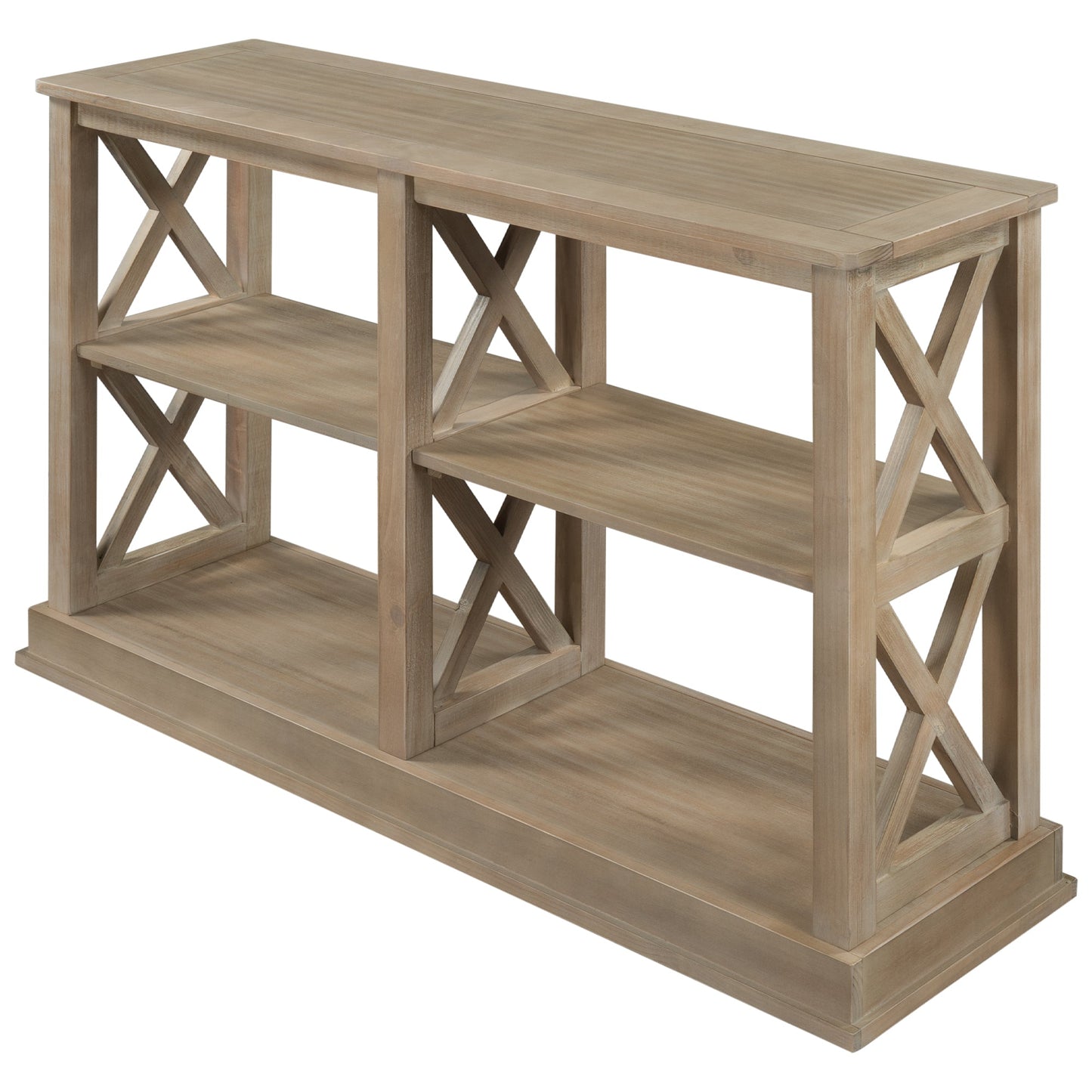 Abby Distressed White Console Table with 3 Tier Open Shelves with X Design