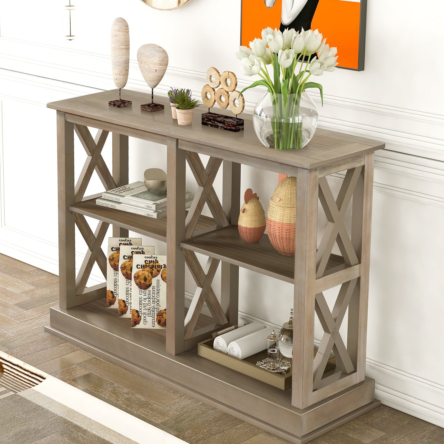 Abby Distressed White Console Table with 3 Tier Open Shelves with X Design