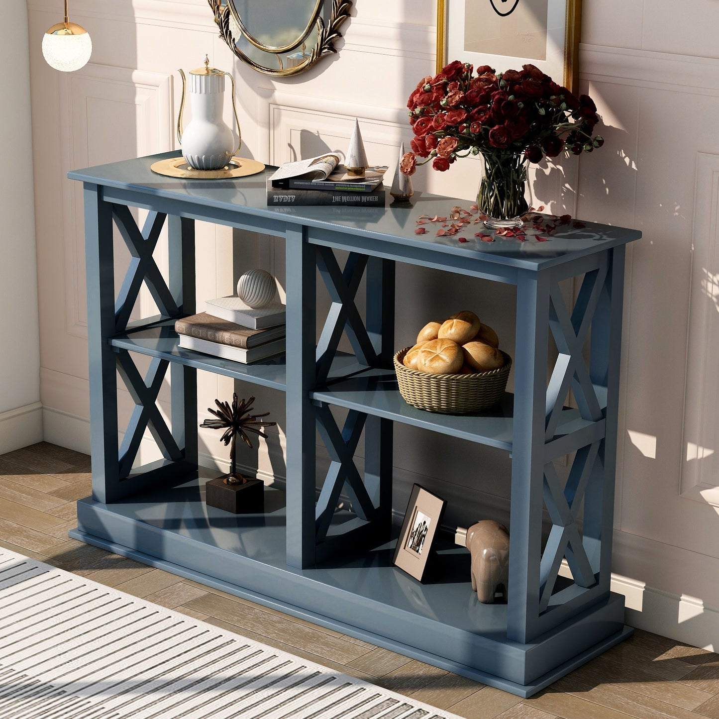 Abby Navy Blue Console Table with 3 Tier Open Shelves with X Design