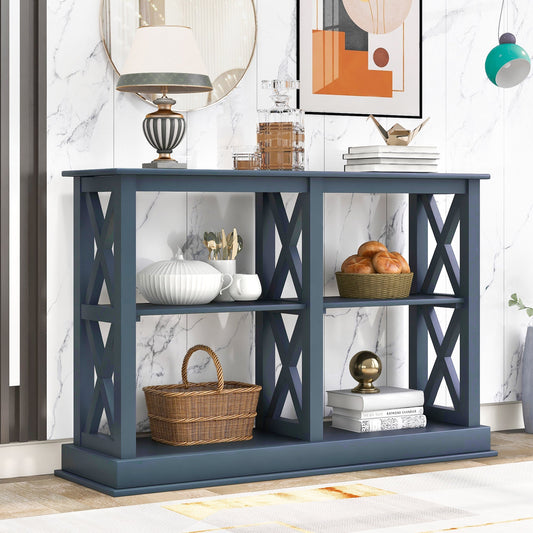 Abby Navy Blue Console Table with 3 Tier Open Shelves with X Design