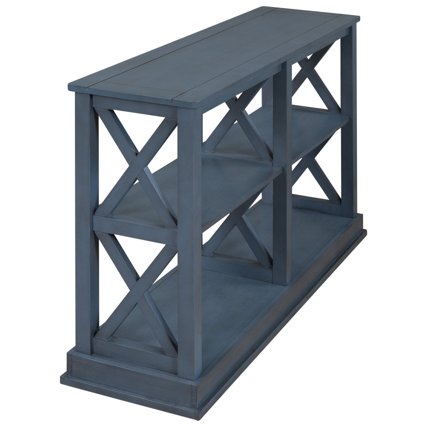 Abby Navy Blue Console Table with 3 Tier Open Shelves with X Design