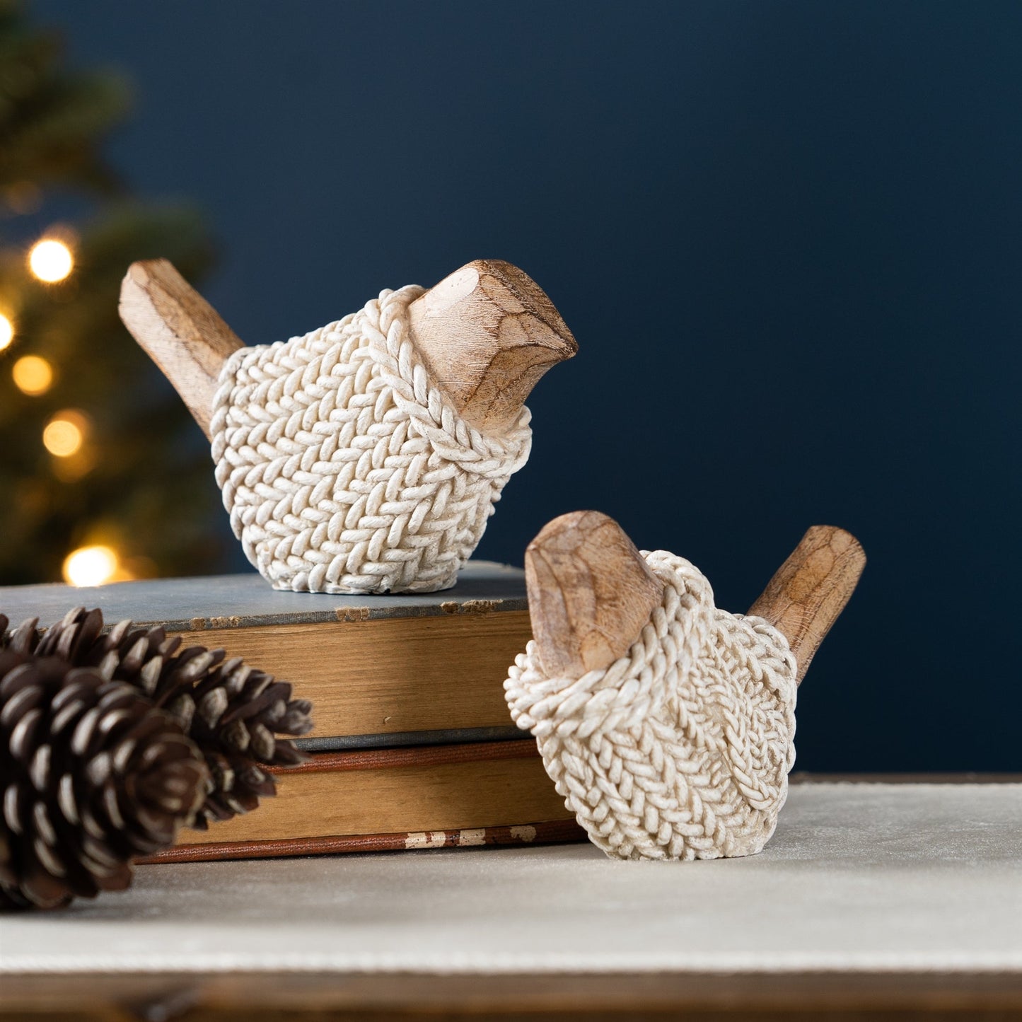 Holiday Bird Figurine with Woven Sweater, Set of 2