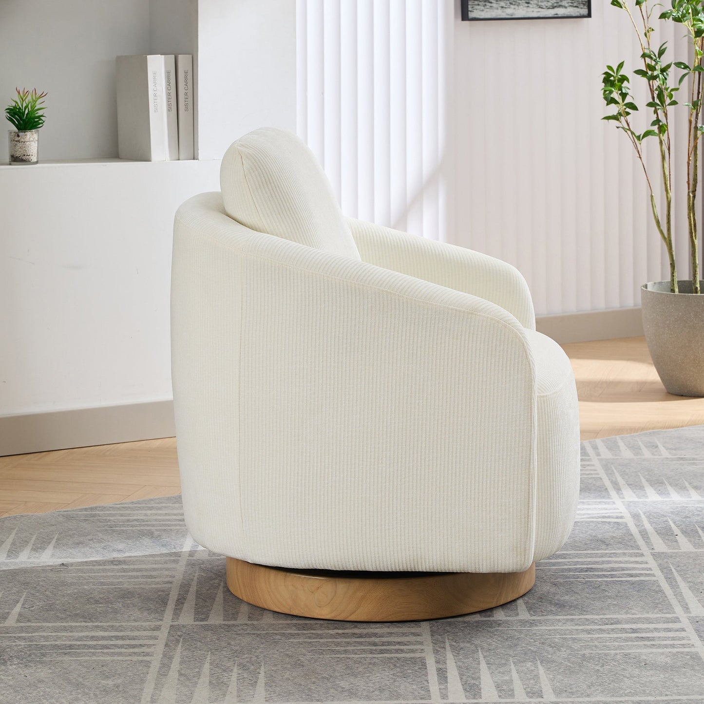 Actuator Upholstered Barrel Chair with 360-Degree Swivel Base and Curved Arms