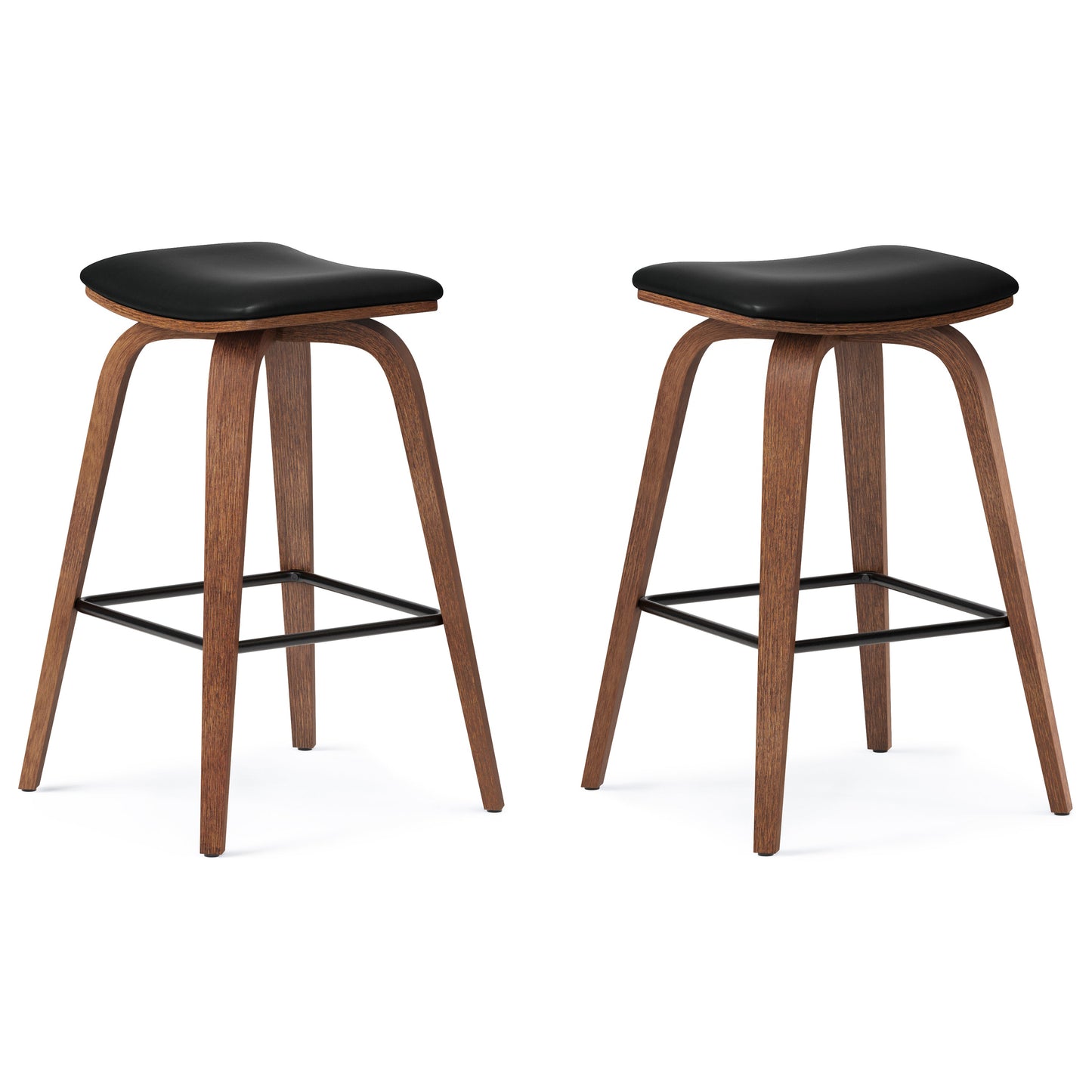 Upholstered Backless Bar Stool with Wooden Curved Legs and Metal Footrest, Set of 2