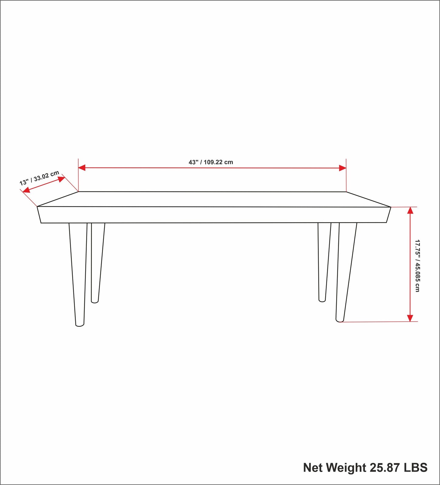 Wood Bench with Tapered Powder-Coated Metal Legs