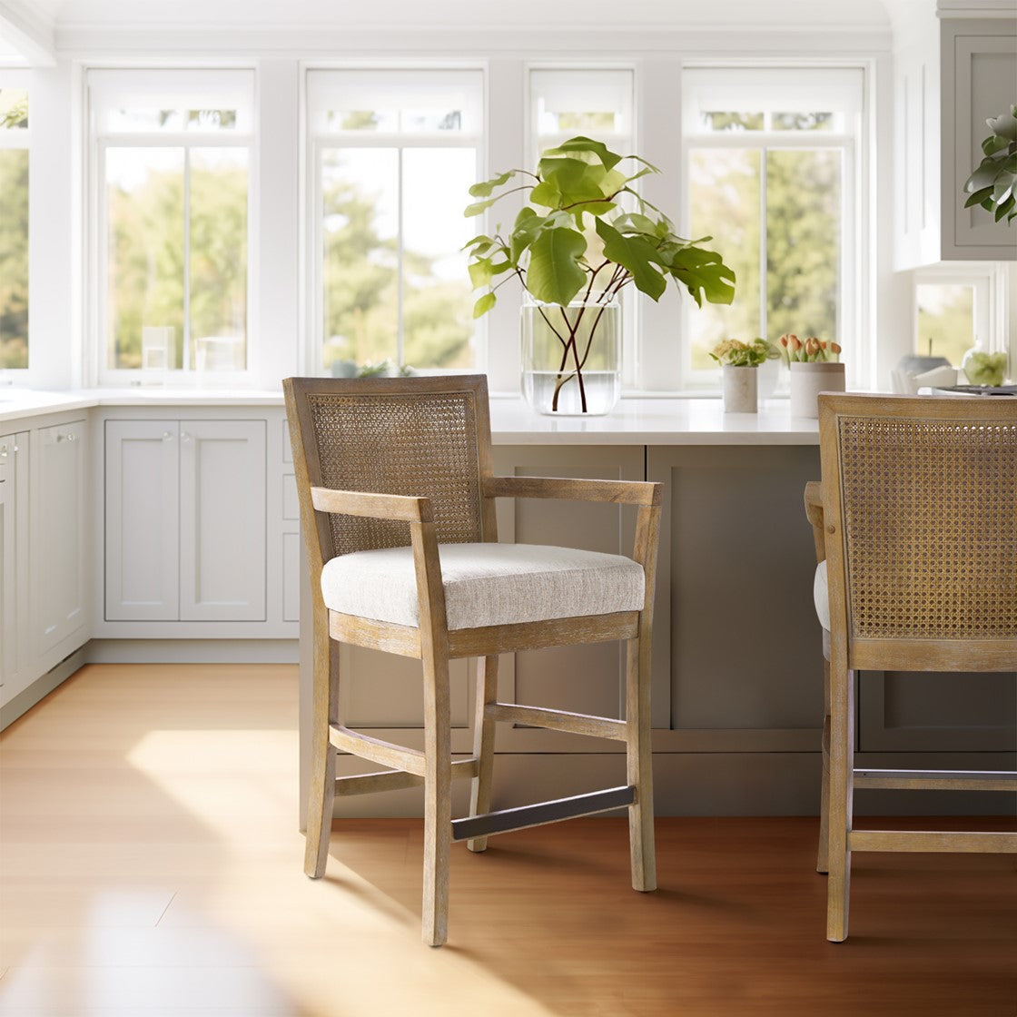 Upholstered Counter Stool with Cane Back and Open Arm Design