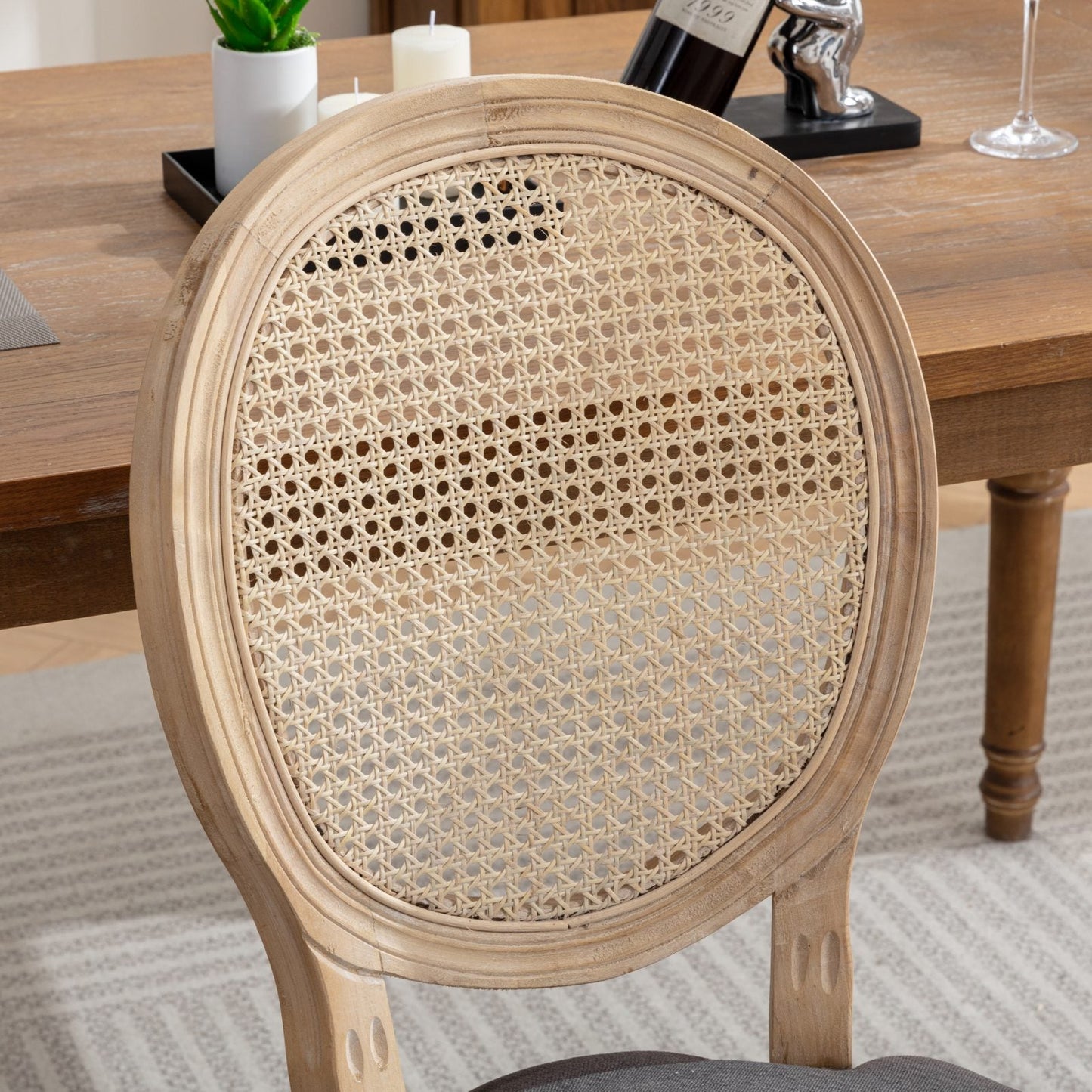 Dining Chair with Rattan Back and Seat Cushion, Set of 2