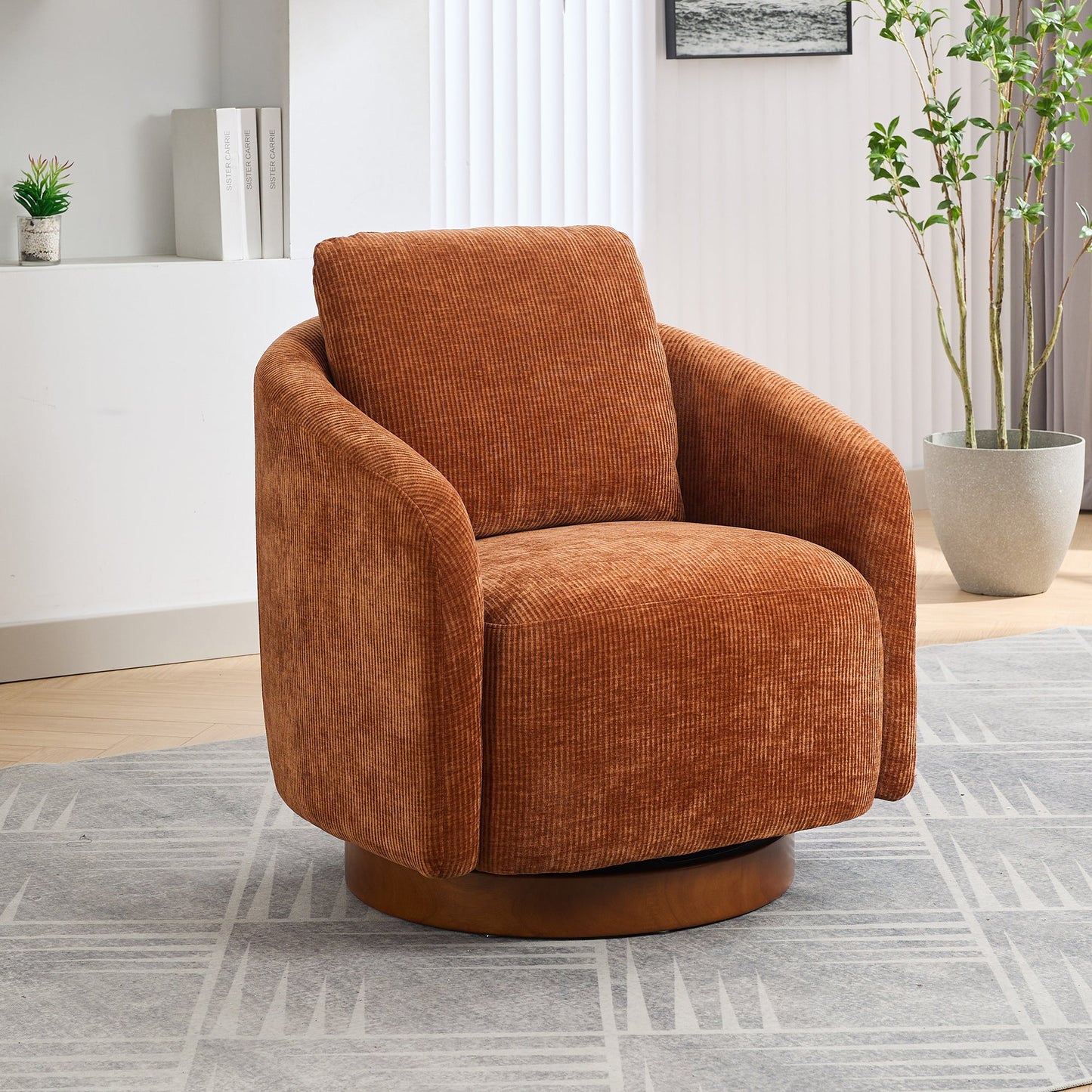 Actuator Upholstered Barrel Chair with 360-Degree Swivel Base and Curved Arms