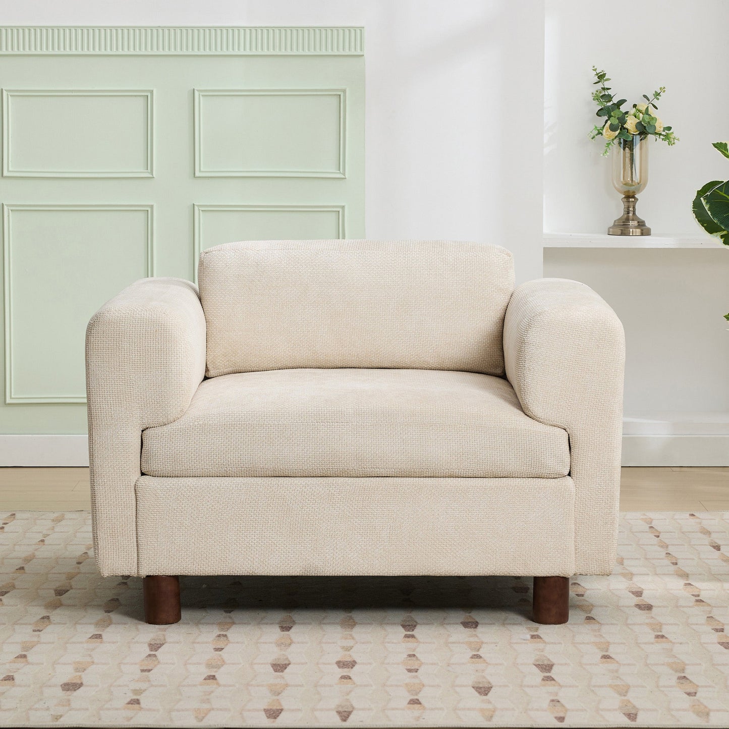 Elixired Upholstered Arm Chair with Tucked Armrests and Round Rubberwood Legs