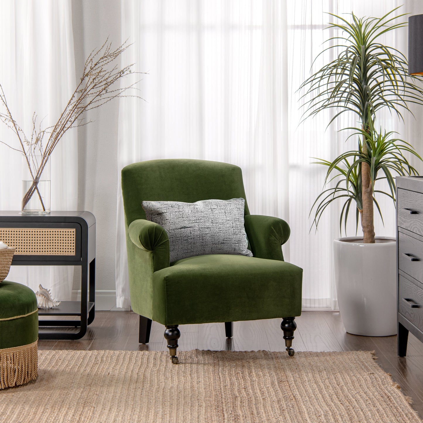 Boutique 30" Upholstered Accent Chair with Rolled Arms and Wood Turn Legs